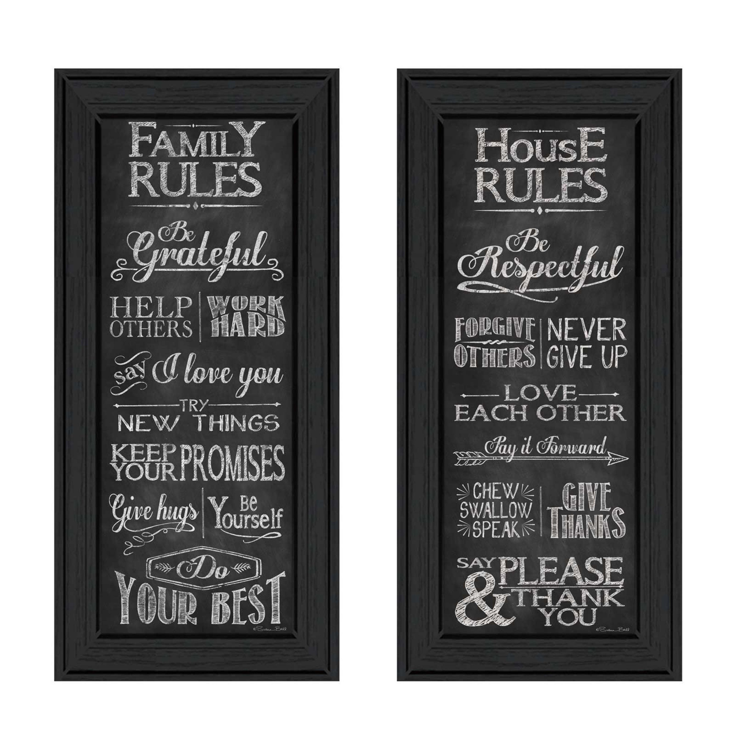 "Family and House Rules Collection" 2-Piece Vignette By Susan Ball, Printed Wall Art, Ready To Hang Framed Poster, Black Frame