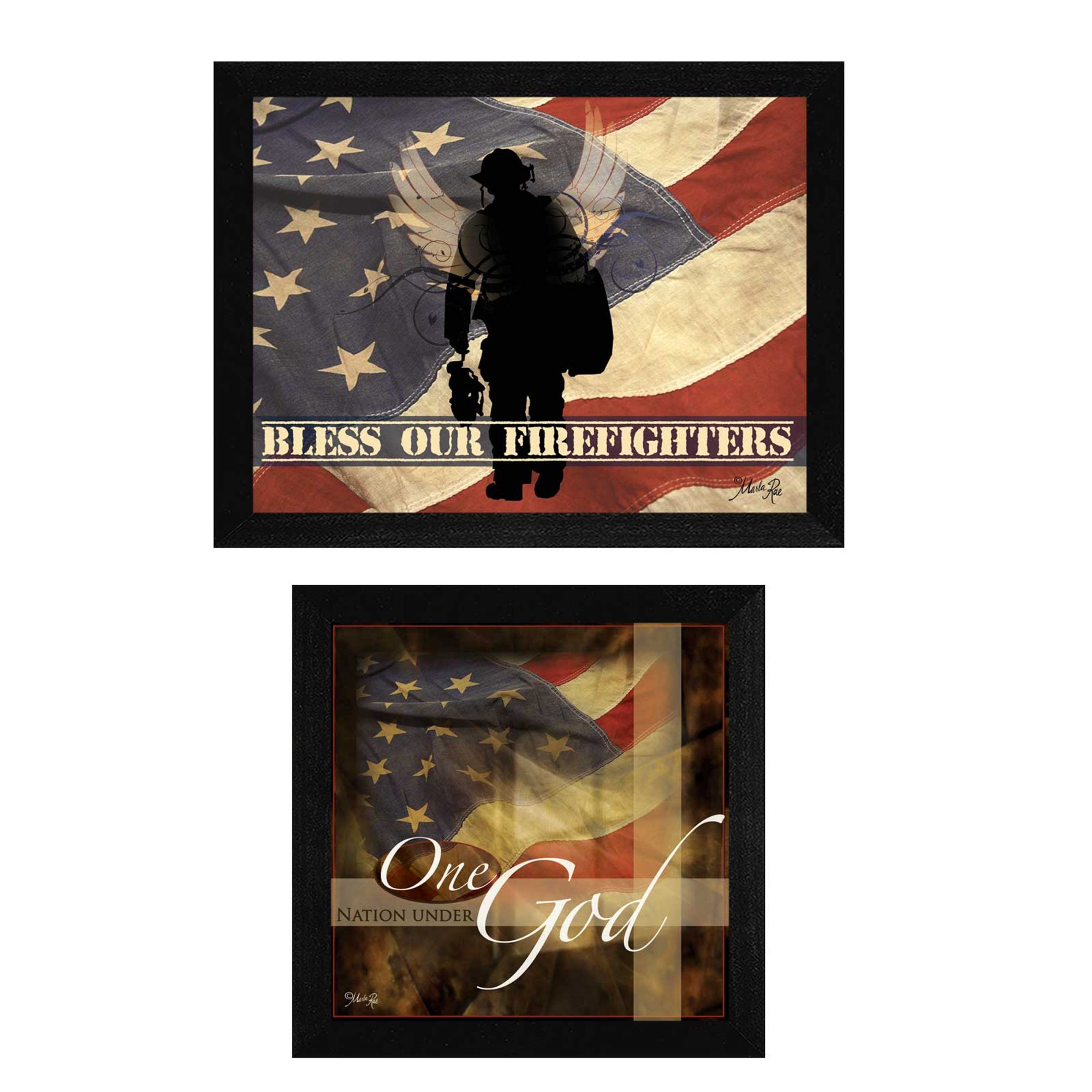 "Firefighters One Nation Collection" 2-Piece Vignette By Marla Rae, Printed Wall Art, Ready To Hang Framed Poster, Black Frame