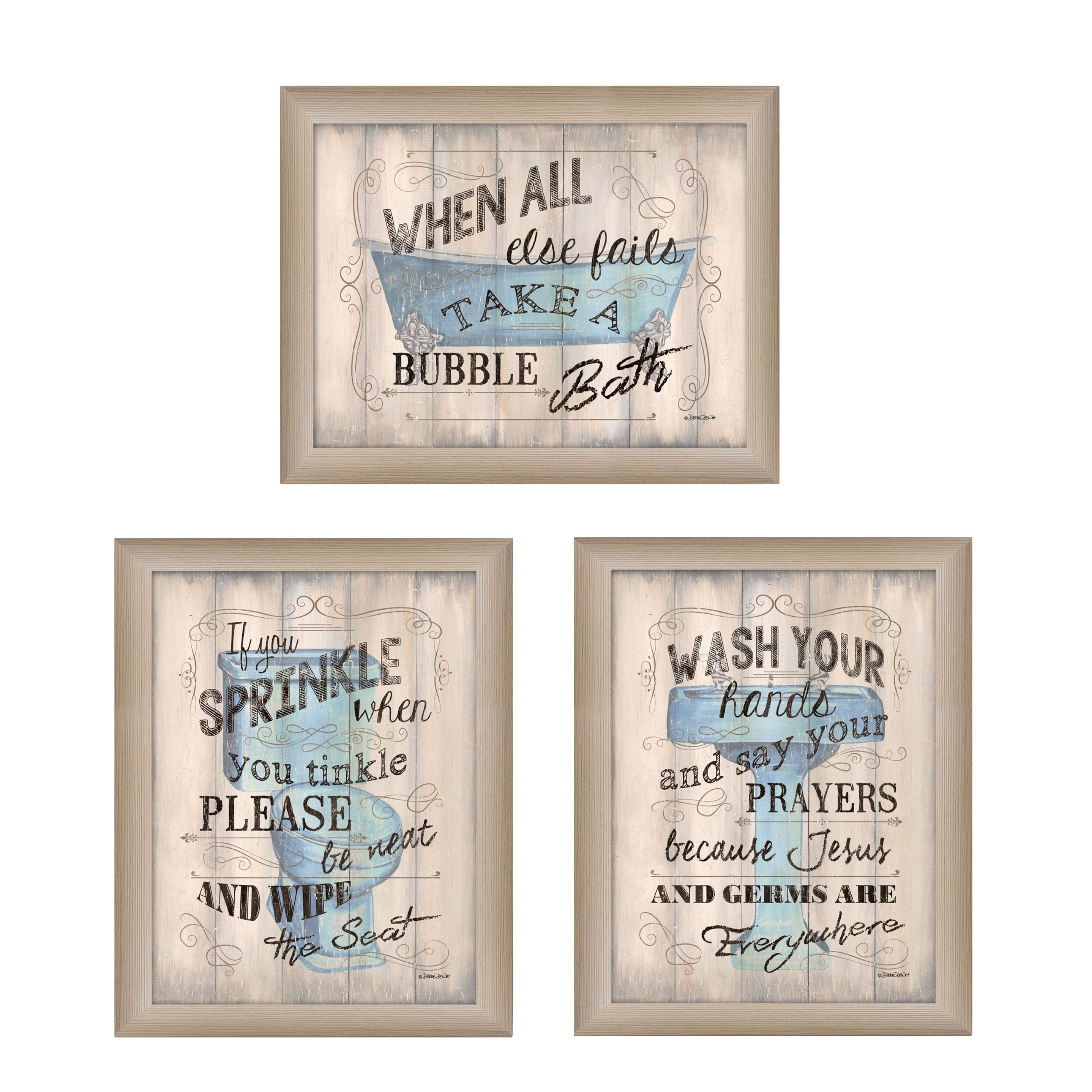 "Bathroom Humor Collection" 3-Piece Vignette By Debbie DeWitt, Printed Wall Art, Ready To Hang Framed Poster, Beige Frame