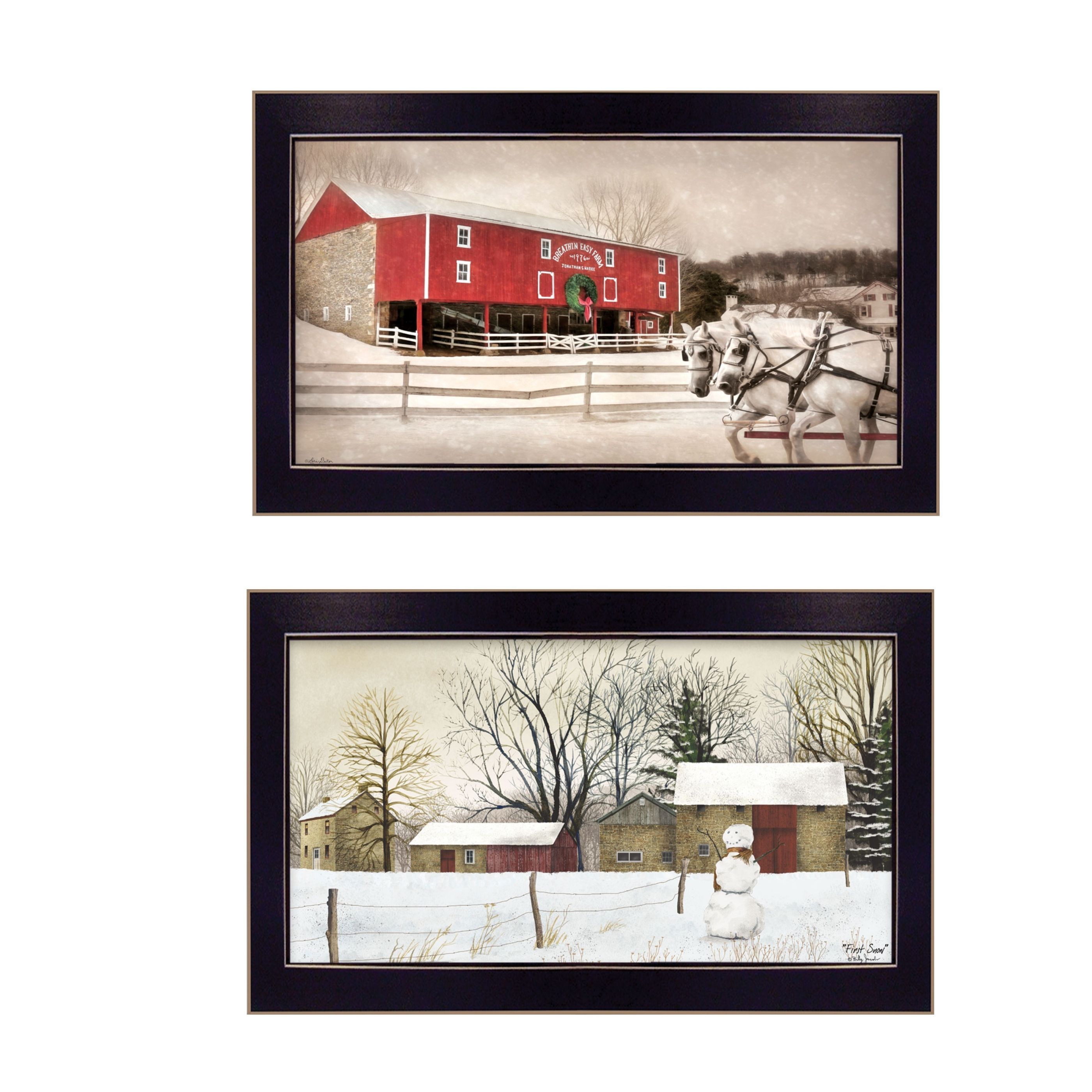 "Winter Scenic Barns Collection" 2-Piece Vignette By L. Deiter and B. Jacobs, Printed Wall Art, Ready To Hang Framed Poster, Black Frame