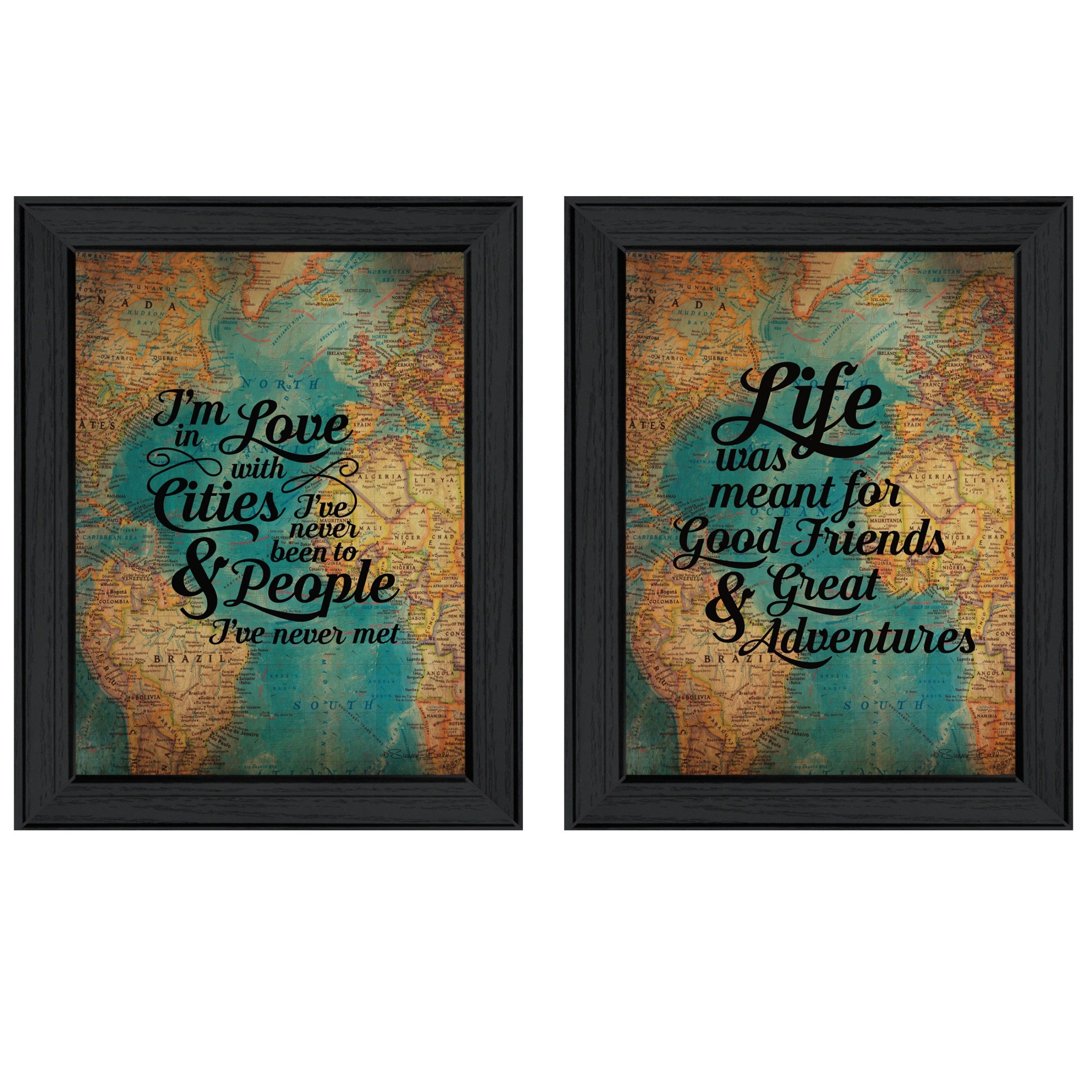 "World Traveler Collection" 2-Piece Vignette By Susan Ball, Printed Wall Art, Ready To Hang Framed Poster, Black Frame