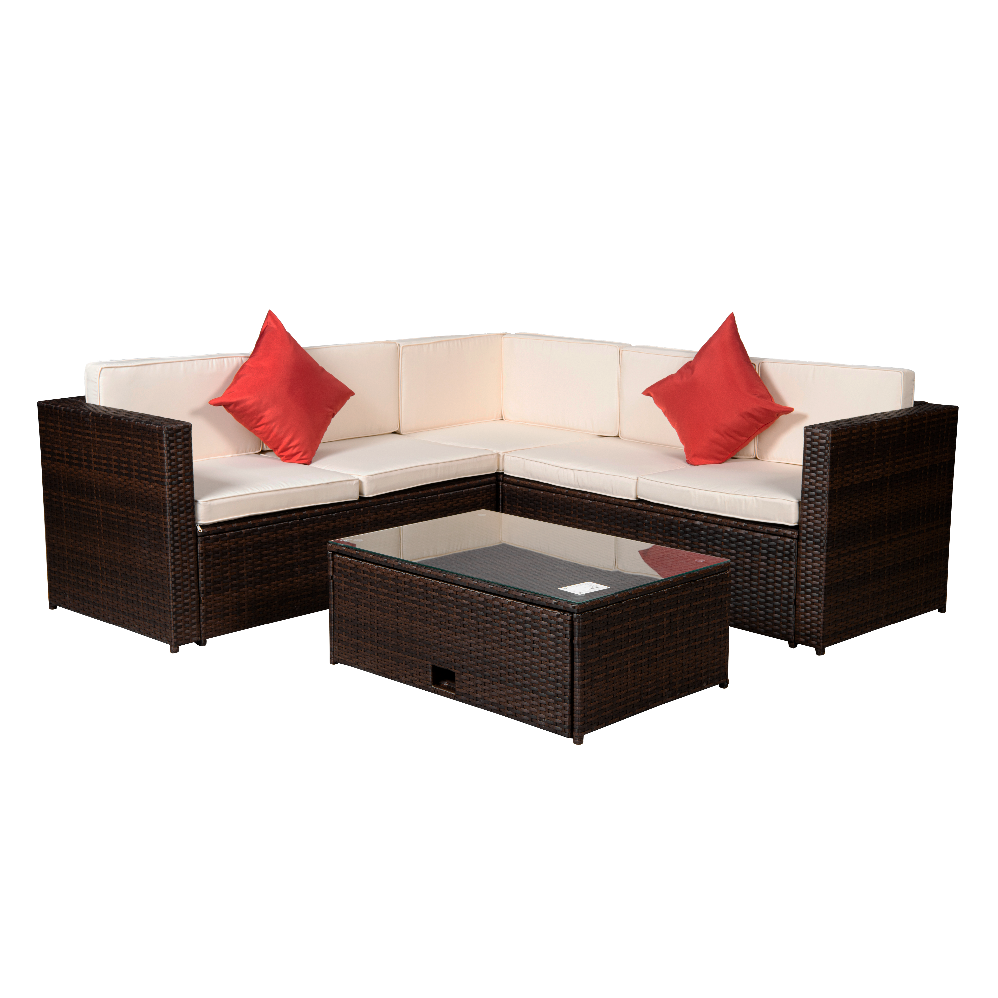 BEEFURNI Outdoor Garden Patio Furniture 4-Piece Brown PE Rattan Wicker Sectional Beige Cushioned Sofa Sets with 2 Red Pillows and Coffee Table-Boyel Living