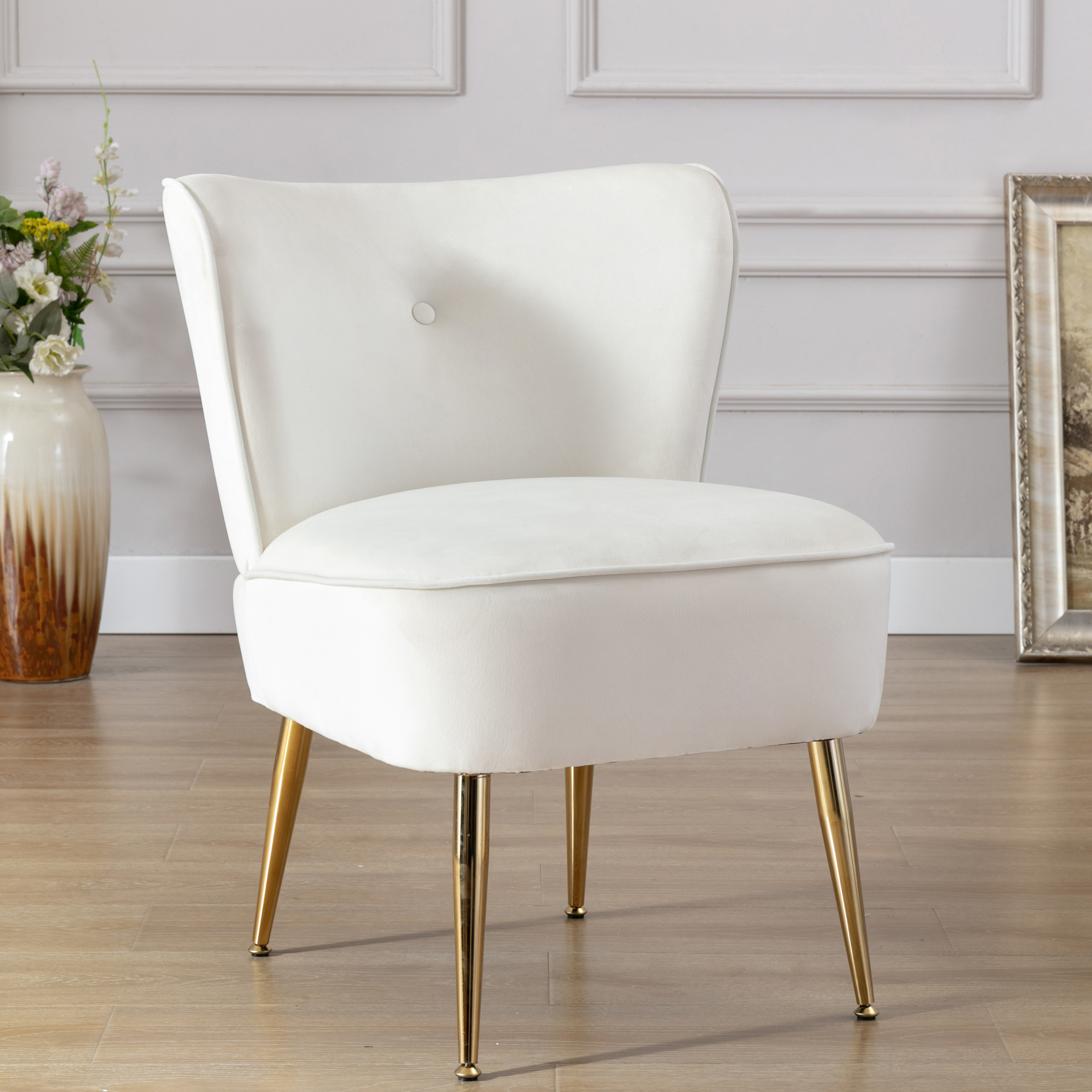 Accent Living Room Side Wingback Chair Ivory Velvet Fabric Upholstered Seat Chairs Occasional Bedroom  Leisure Chairs-Boyel Living