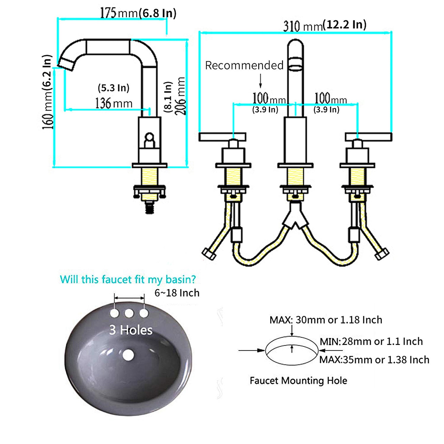 Boyel Living 8 in. Widespread 2-Handle Mid-Arc Bathroom Faucet with Valve and cUPC Water Supply Lines in Brushed Gold-Boyel Living