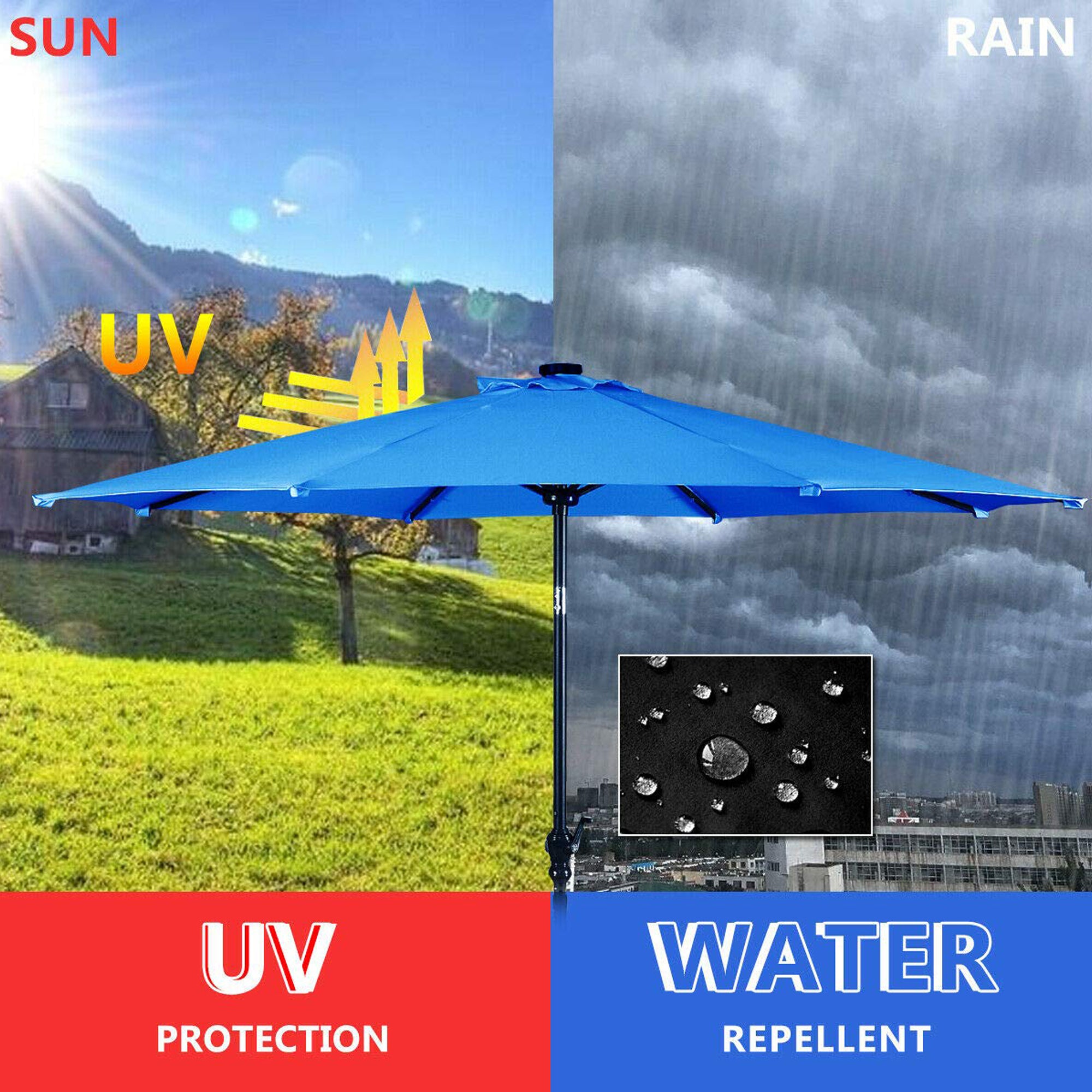 9ft Patio Umbrella Outdoor Market 32 LED Solar Umbrella with Tilt and Crank-Boyel Living