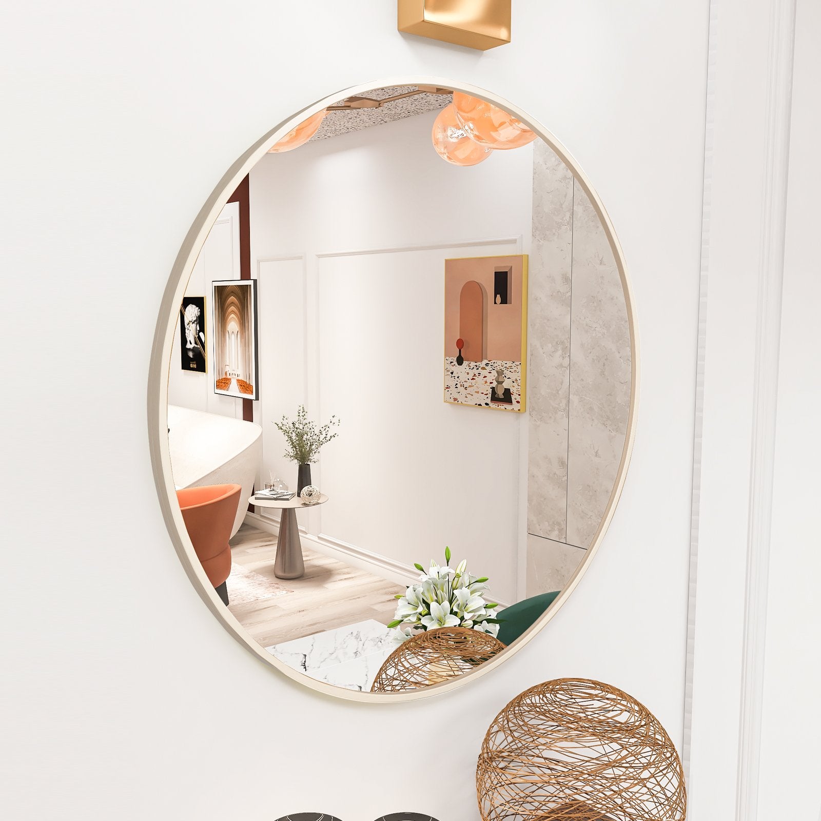 Matte Gold Wall Mirror 24" Round and Metal Framed Mirror Circle Wall-Mounted Mirror-Boyel Living