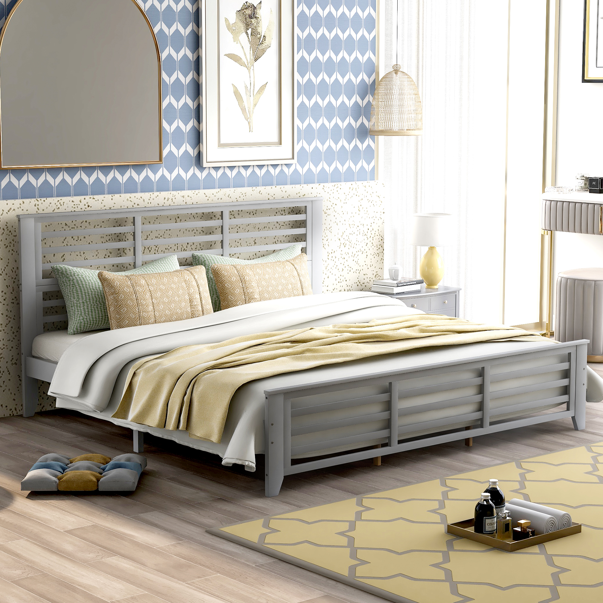 Platform bed with horizontal strip hollow shape, King size, gray （New）-Boyel Living