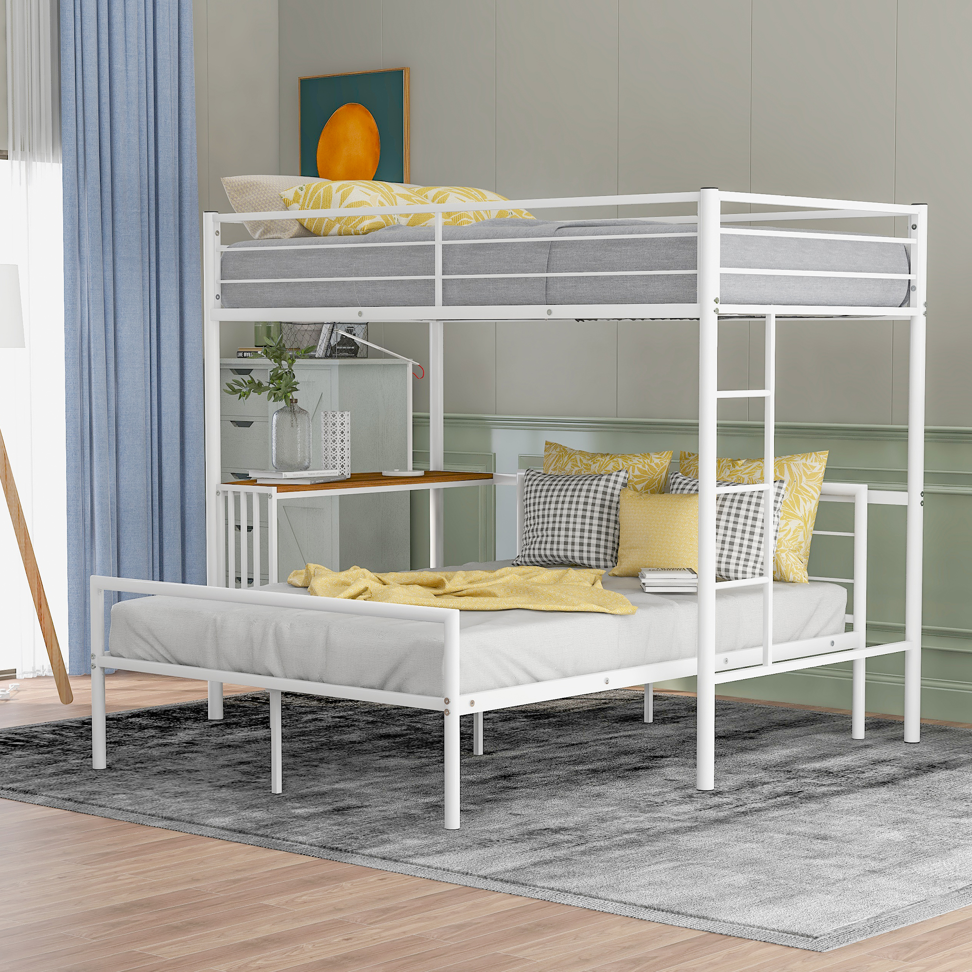 Twin Over Full Metal Bunk Bed with Desk, Ladder and Quality Slats for Bedroom, Metallic  White-Boyel Living