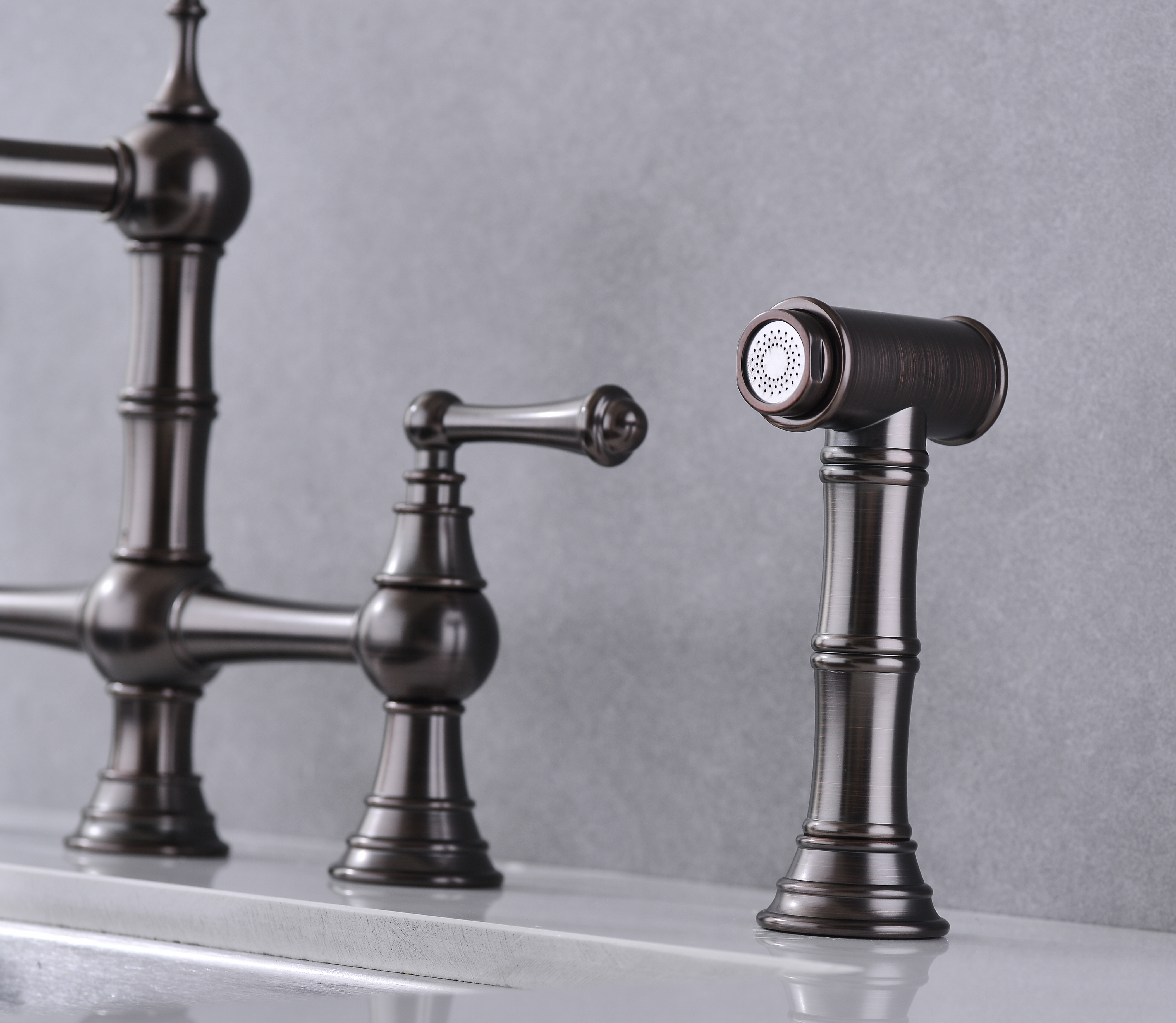  Double Handle Bridge Kitchen Faucet with Brass Side Sprayer in Bronze, 4-Holes Kitchen Faucet
