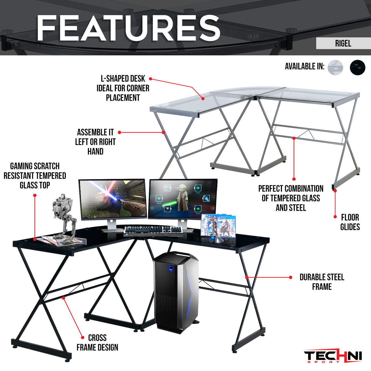 Techni Mobili L-Shaped Glass Computer Desk, Black-Boyel Living