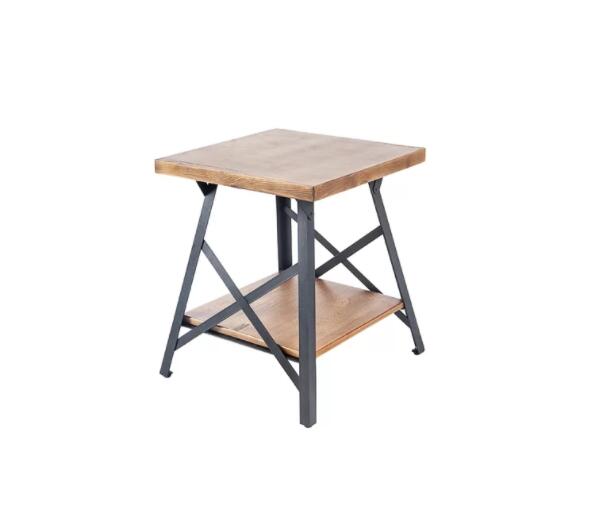 Industrial End Table with Solid Wood Top, Metal Base-Boyel Living