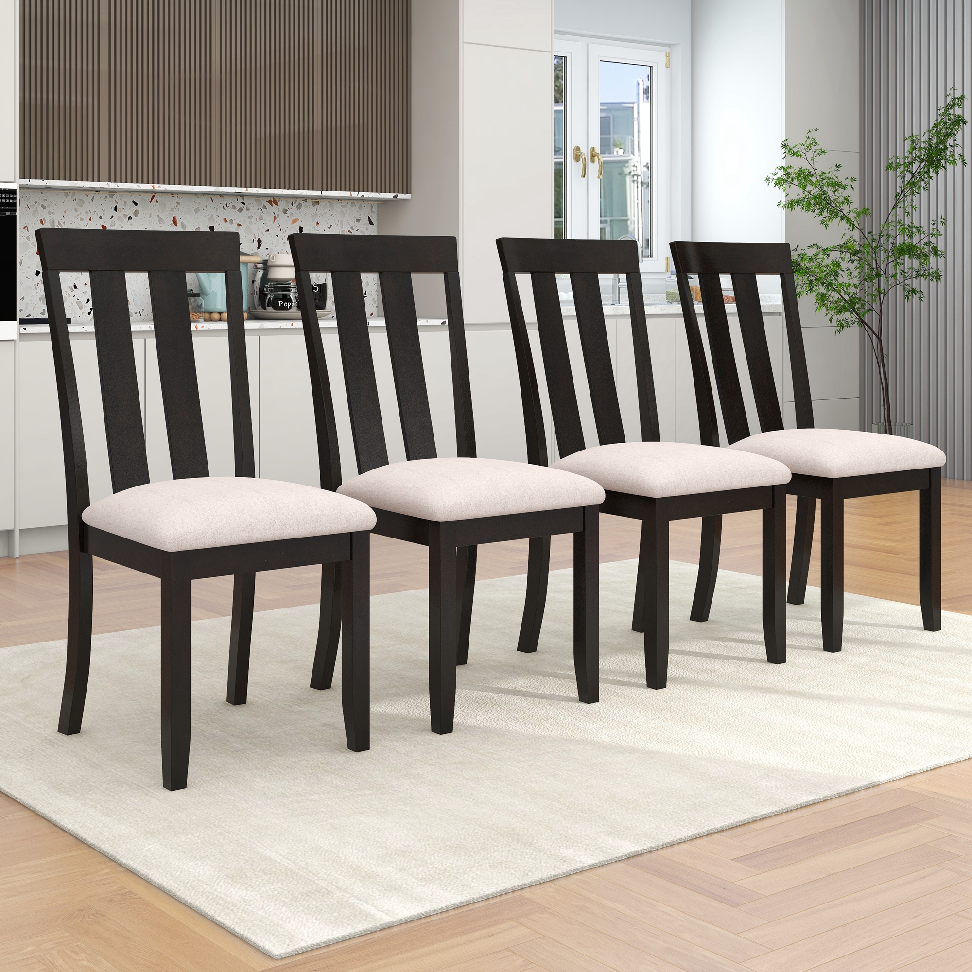 TREXM Set of 4 Dining Chairs Soft Fabric Dining Room Chairs with Seat Cushions and Curved Back  (Espresso)
