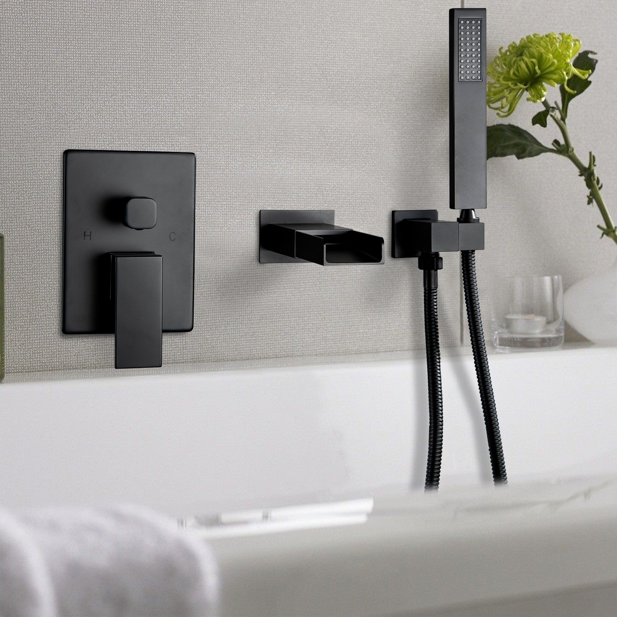 Boyel Living Bathtub Faucet With Square Hand-Held In Matt Black-Boyel Living