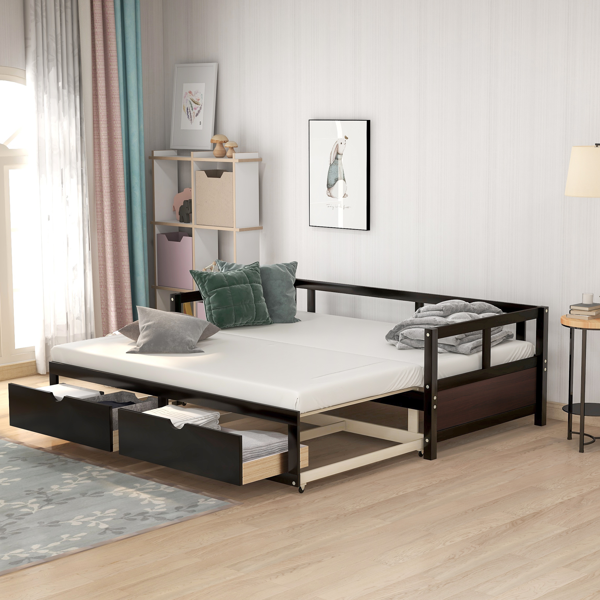 Wooden Daybed with Trundle Bed and Two Storage Drawers ,&nbsp;Extendable Bed Daybed,Sofa Bed for Bedroom Living Room,Espresso-Boyel Living
