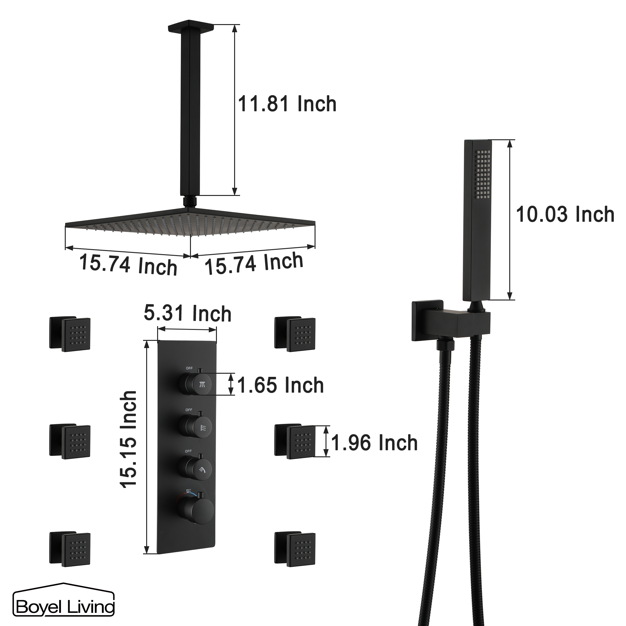 Boyel Living Luxury 6 Jets Thermostatic Shower System Combo Set with Ceiling Rainfall Shower Head and Handshower-Boyel Living