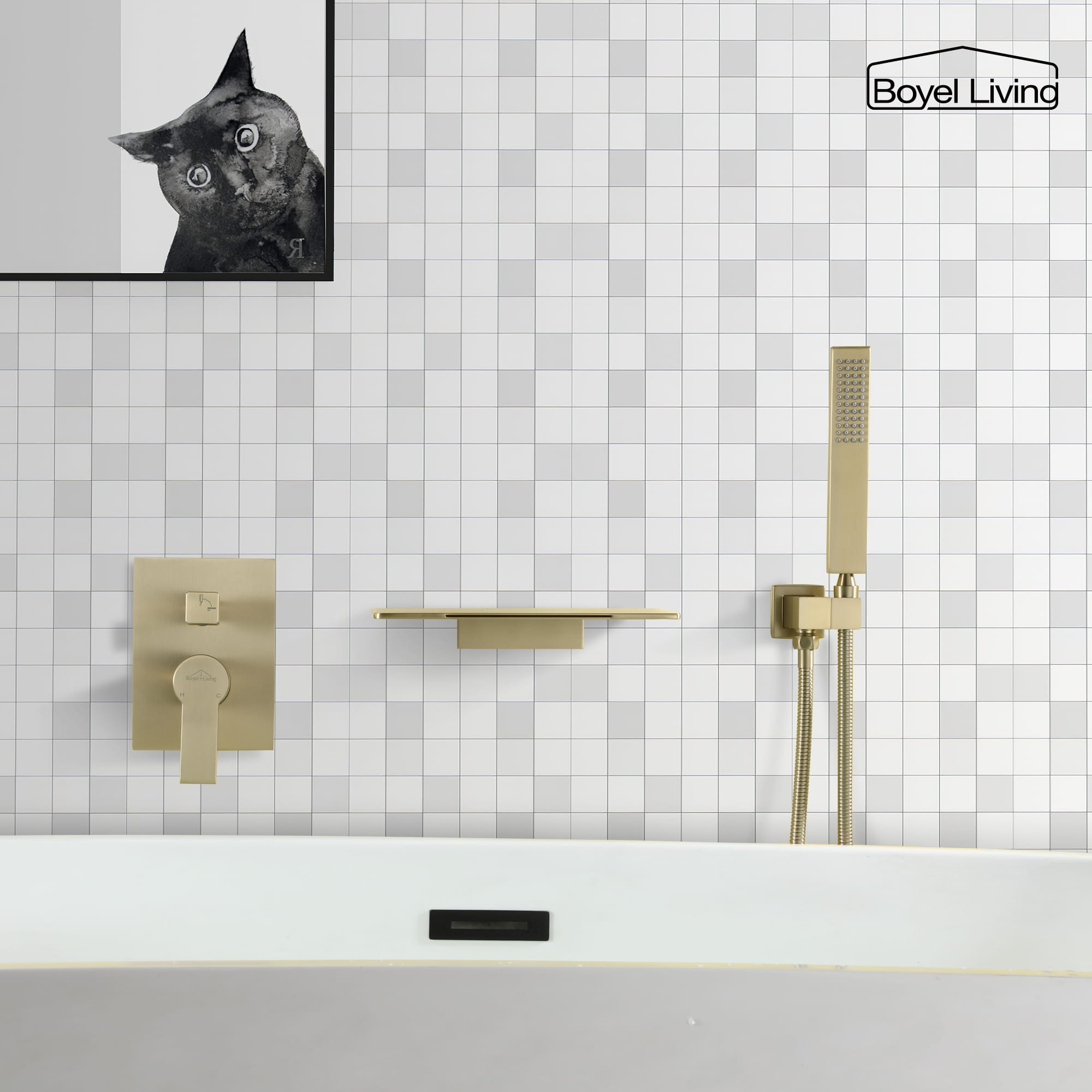 Single-Handle Wall Mounted Roman Large Waterfall Tub Faucet with Hand Shower-Boyel Living