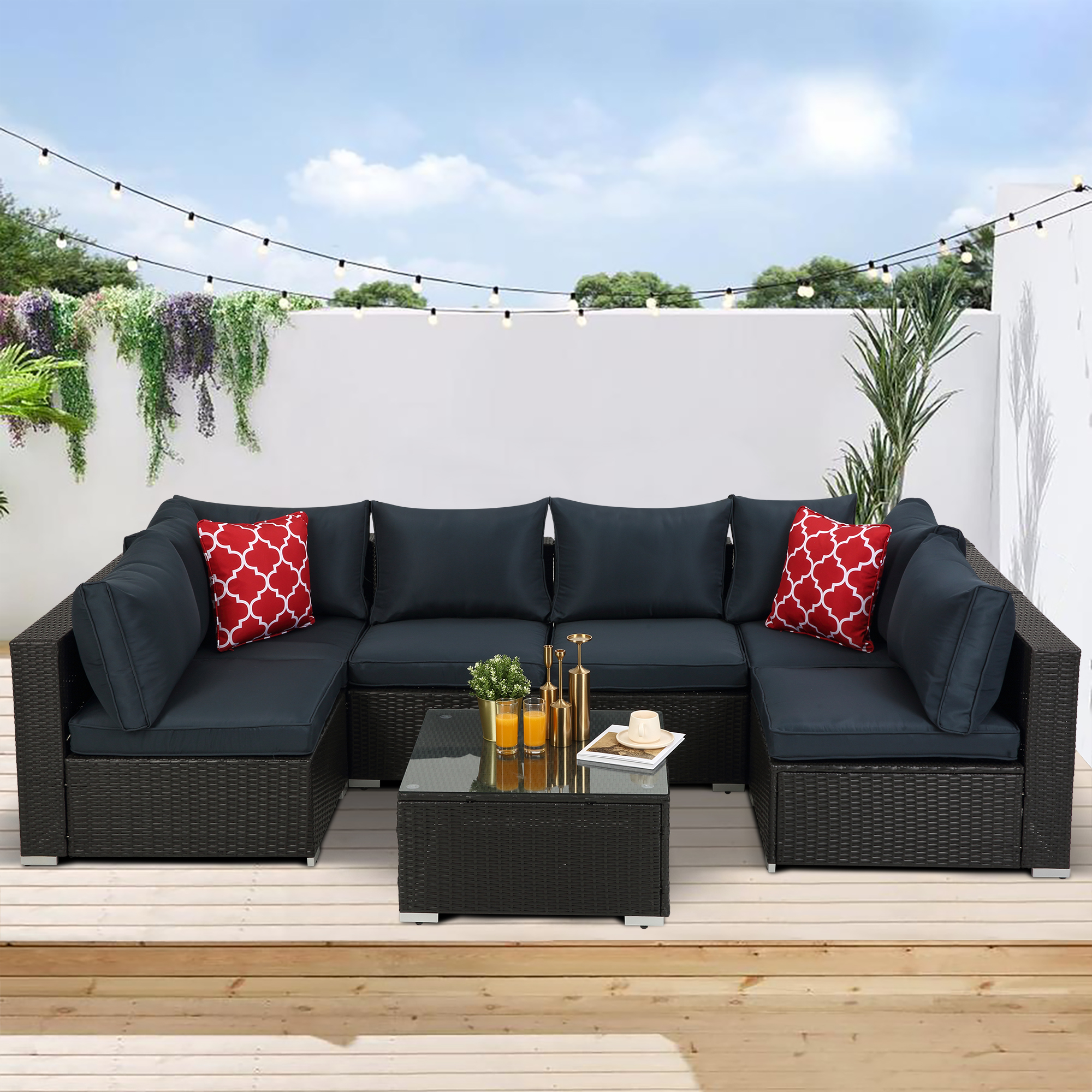 HIFINE-Outdoor Garden Patio Furniture 7-Piece PE Rattan Wicker Sectional Cushioned Sofa Sets with 2 Pillows and Coffee Table-Boyel Living