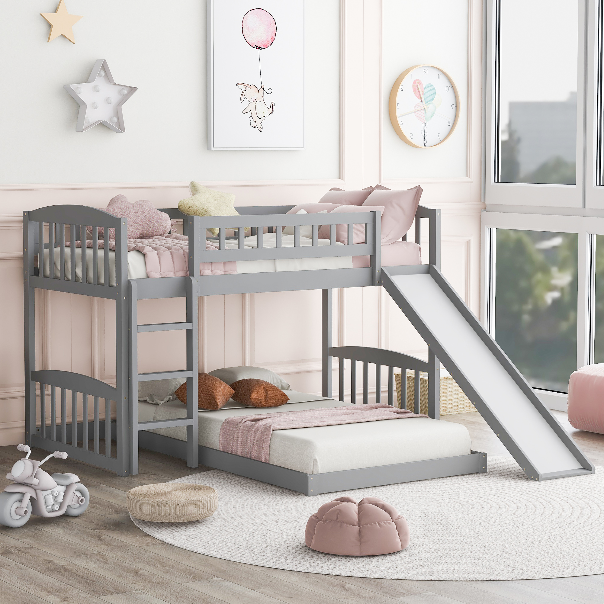 Twin Over Twin Bunk Bed with Slide and Ladder, Gray(OLD SKU :LP000514AAE)-Boyel Living