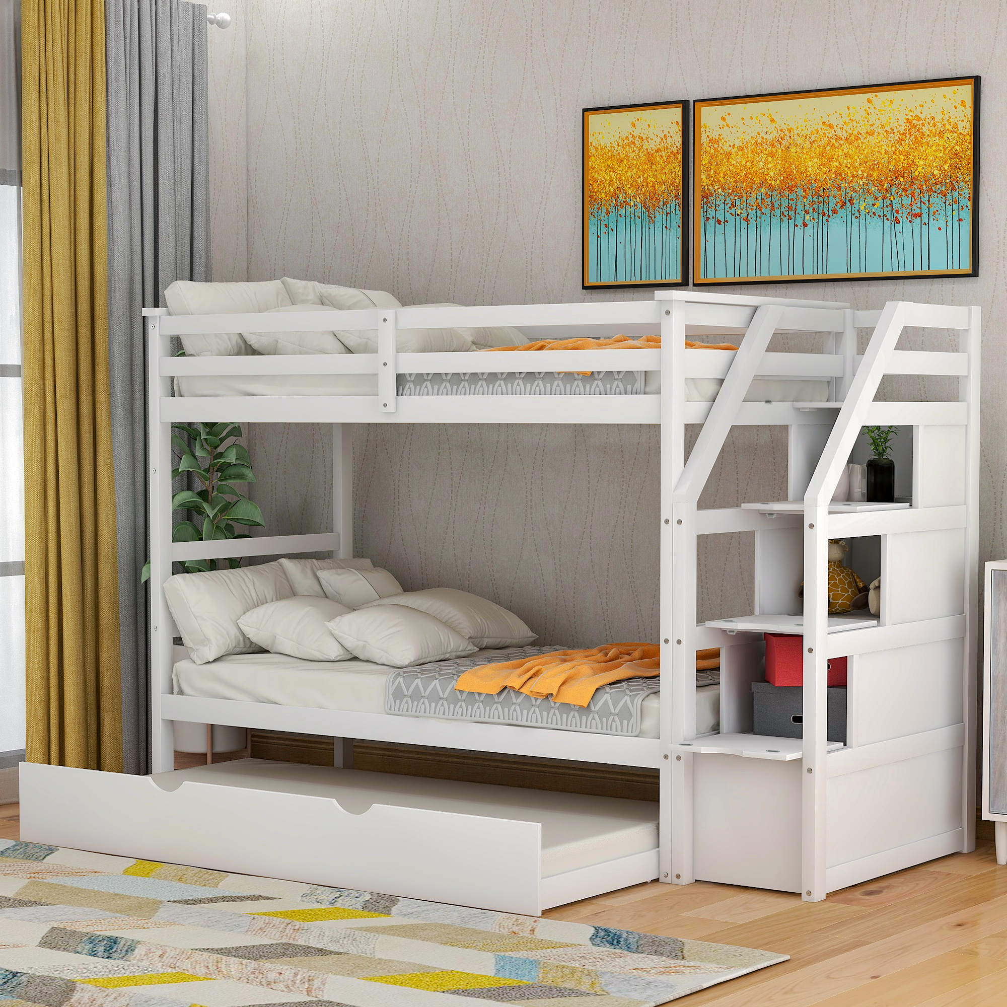 Twin-Over-Twin Bunk Bed with Twin Size Trundle and 3 Storage Stairs (White)-Boyel Living