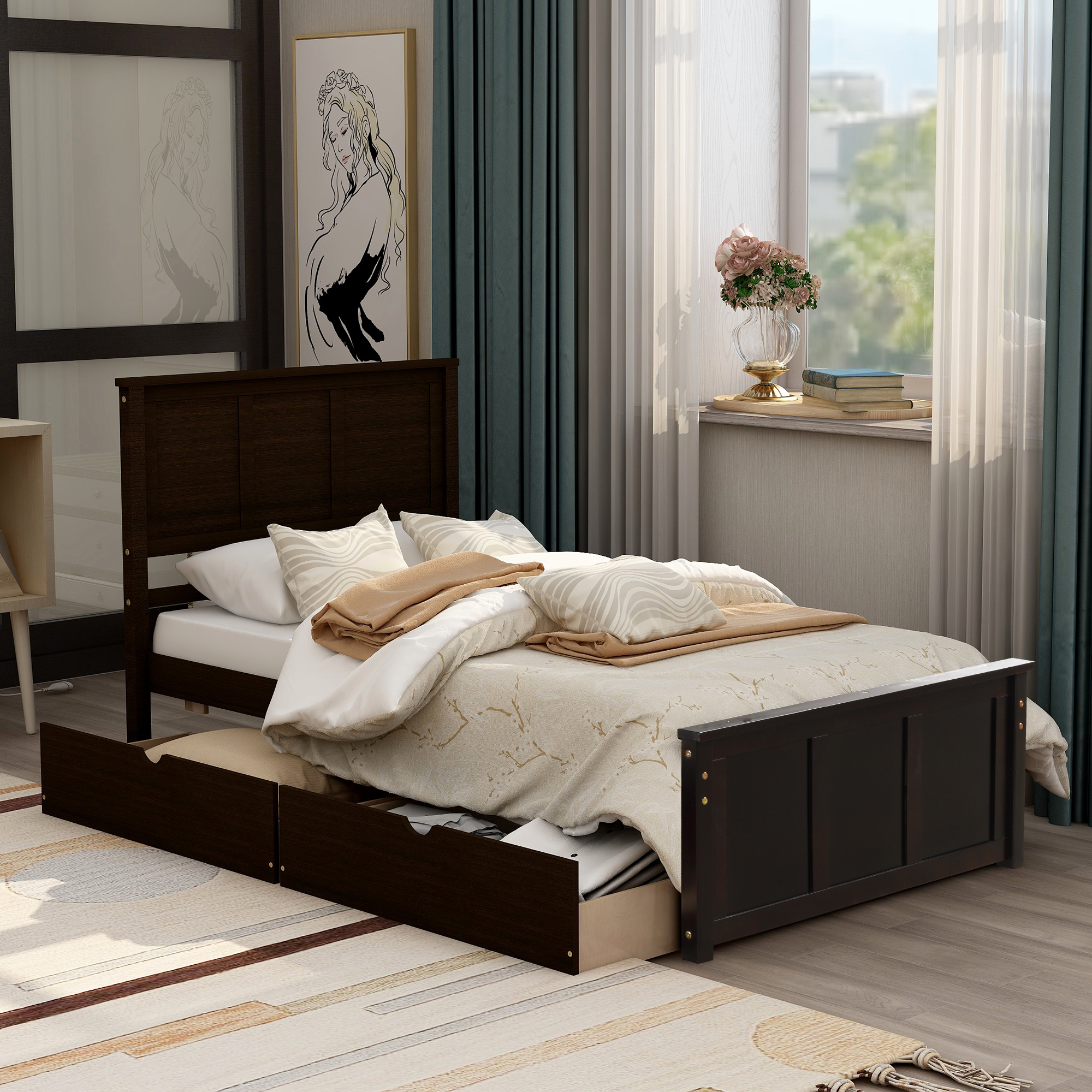 Platform Storage Bed, 2 drawers with wheels, Twin Size Frame, Espresso (New SKU：WF283062AAP)-Boyel Living