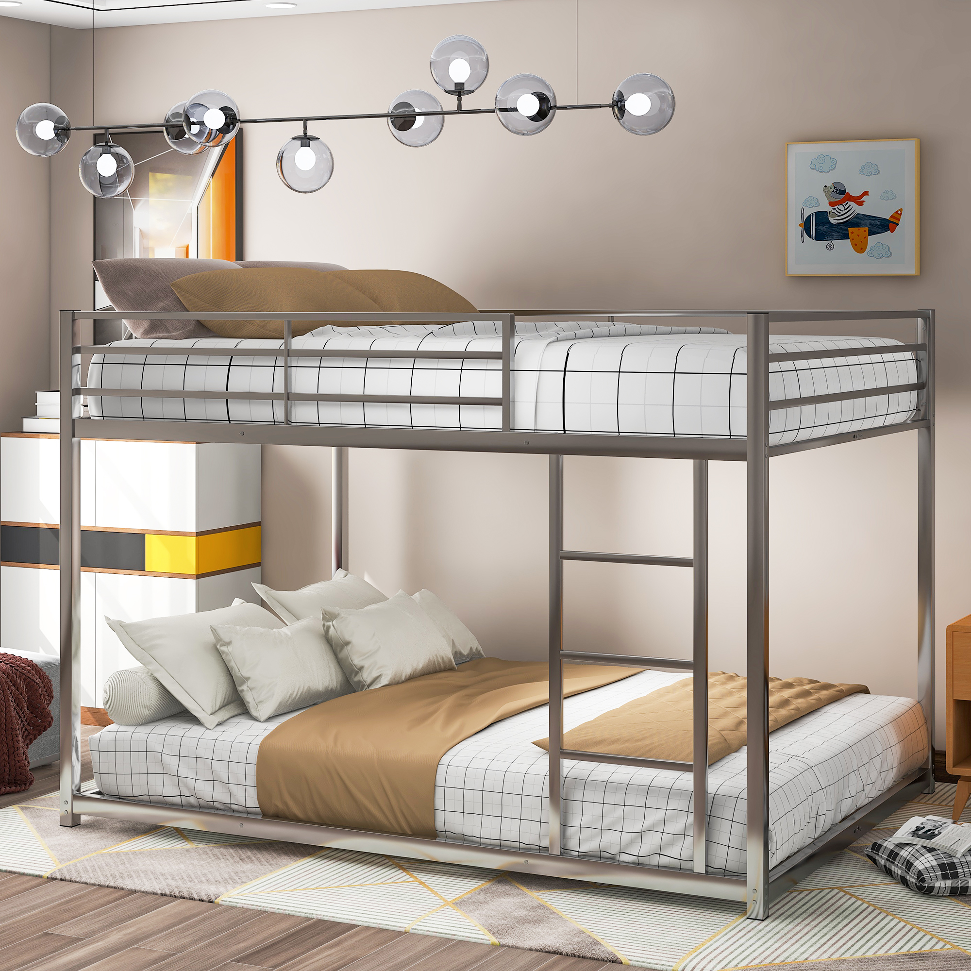 Full over Full Metal Bunk Bed, Low Bunk Bed with Ladder, Silver(New SKU:MF285536AAN)-Boyel Living