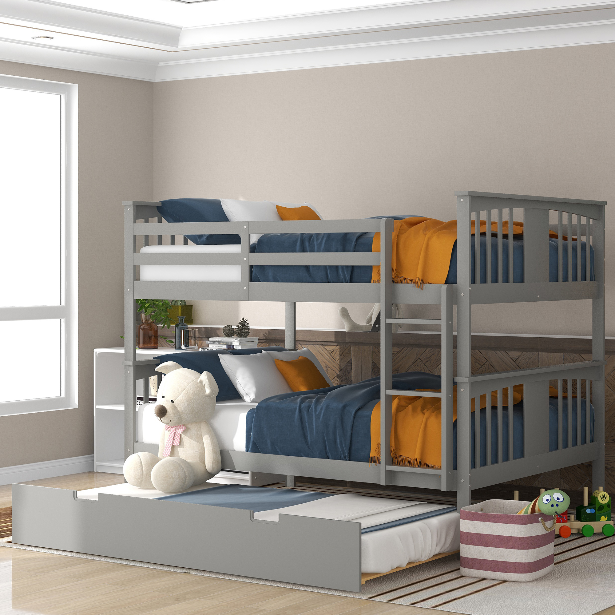 Full over Full Bunk Bed with Twin Size Trundle and Ladder-White(Old SKU: LP000204AAE)-Boyel Living