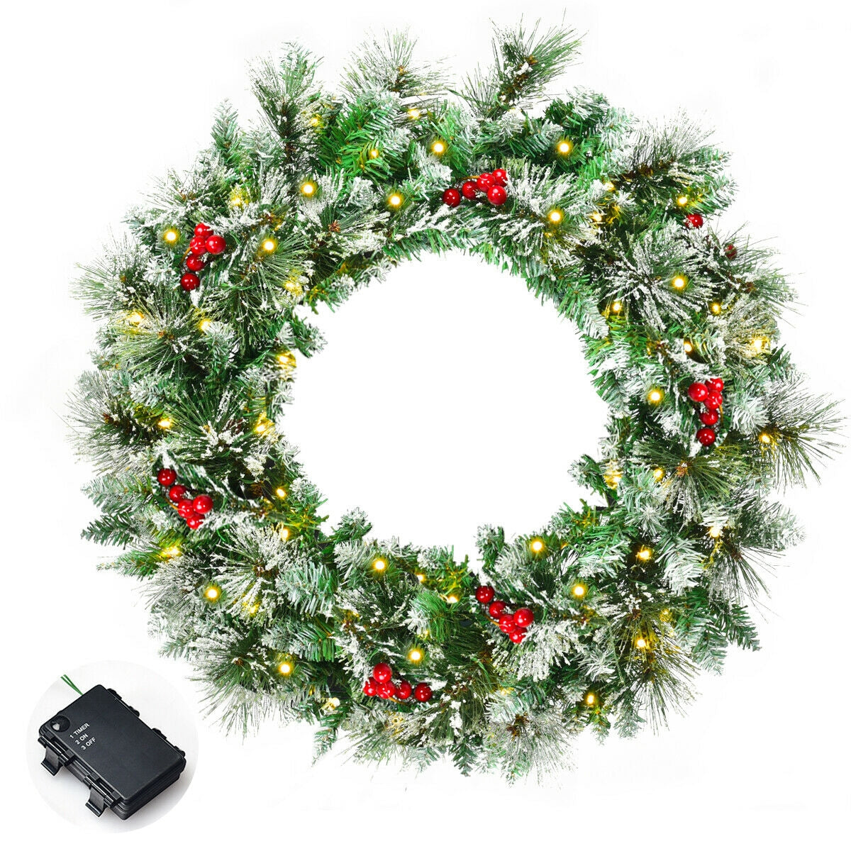 24" Pre-lit Flocked Christmas Spruce Wreath with LED Lights-Boyel Living