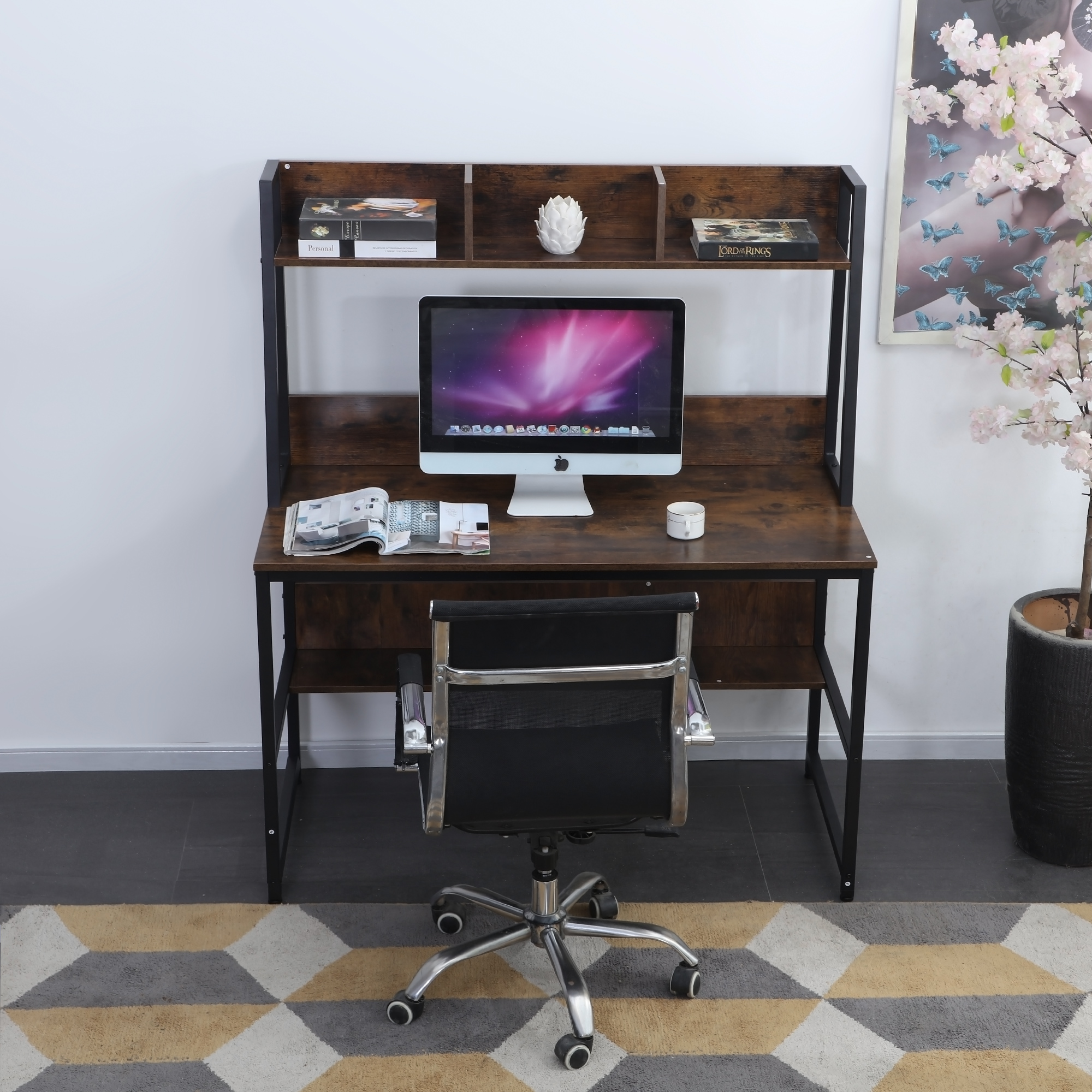 Computer Desk with Hutch and Bookshelf, 47 Inches Home Office Desk with Space Saving Design for Small Spaces (Dark Walnut)-Boyel Living