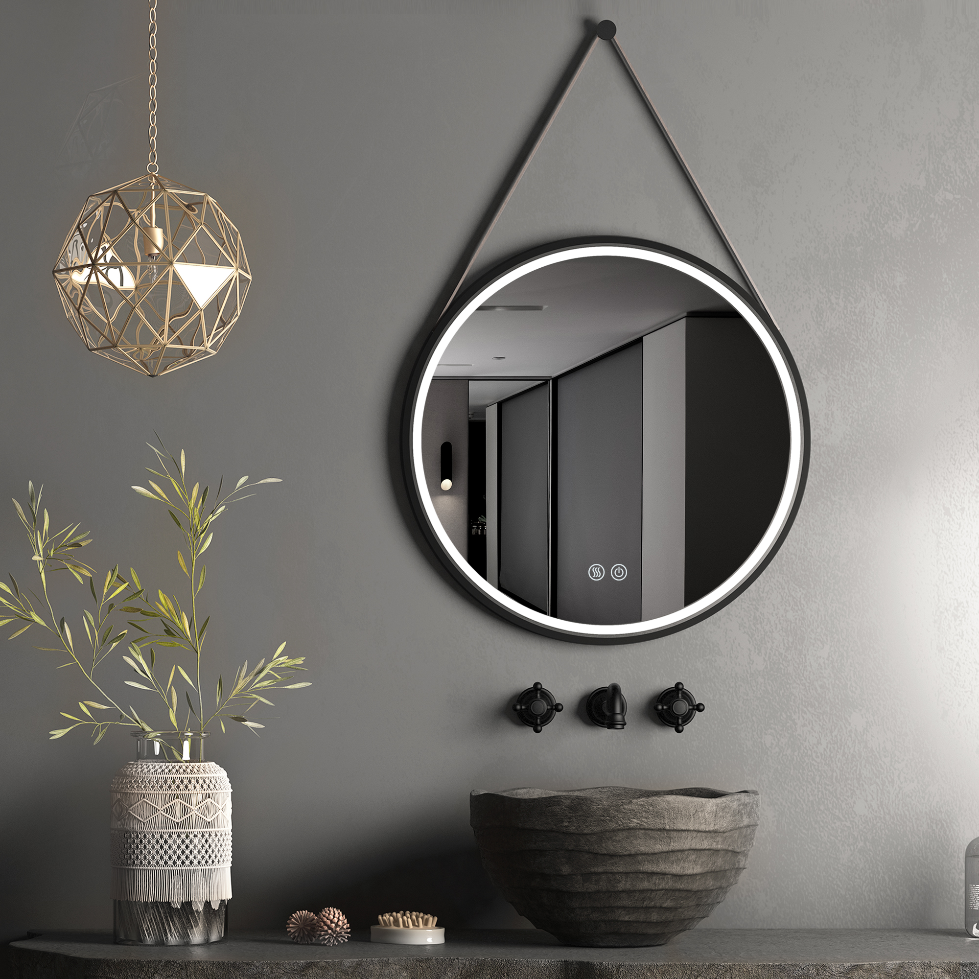 24 Inch Black Round Frame with Lamp Hanging Bathroom Mirror-Boyel Living