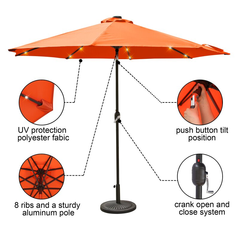 9ft Patio Umbrella Outdoor Market 32 LED Solar Umbrella with Tilt and Crank(Orange Red)-Boyel Living