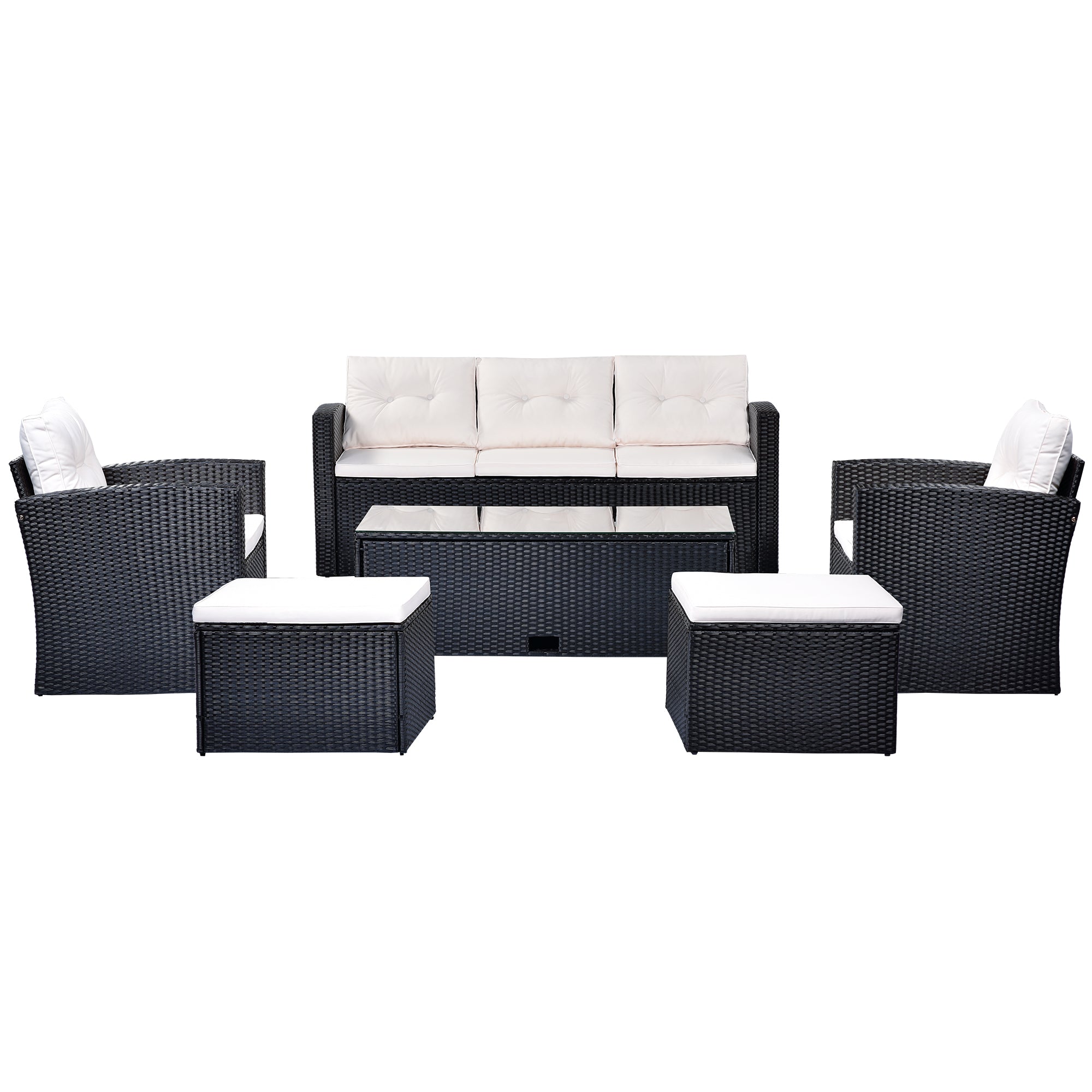 6-piece Wicker PE rattan Patio Outdoor Dining Conversation Sectional Set with coffee table, wicker sofas, ottomans, removable cushions (Black wicker, Beige cushion)-Boyel Living