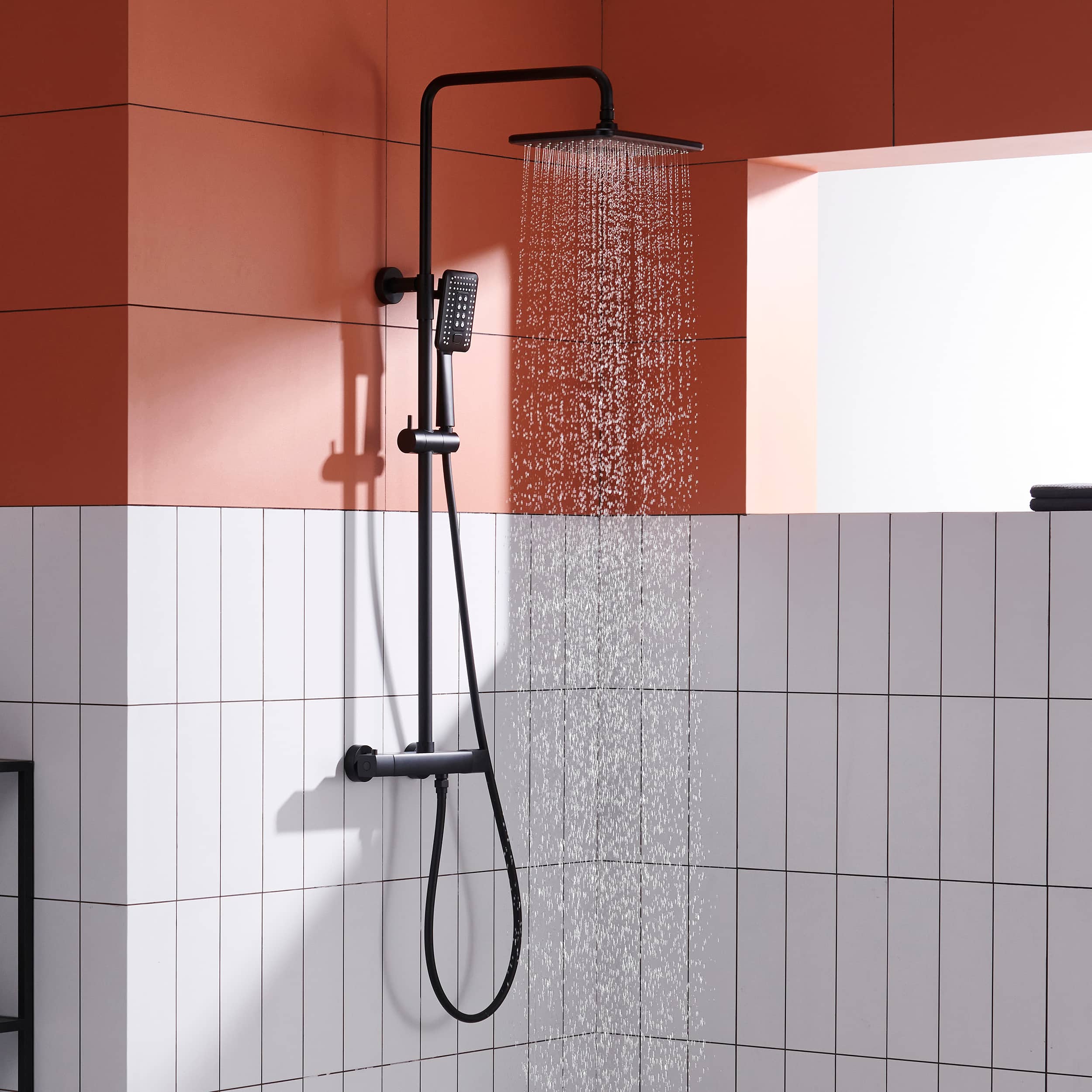 2 Function Wall Mount Rectangular Thermostatic Rain Shower System in Matte Black-Boyel Living