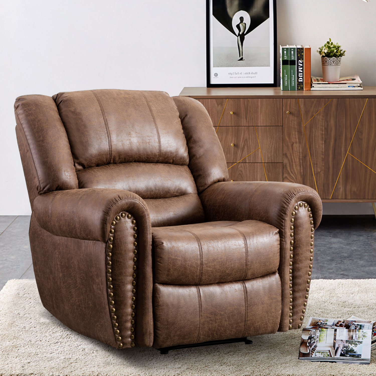 Leather Recliner Chair, Heavy Duty Manual Reclining Sofa Single Lounge Sofa for Living Room, Home Theater Seating, Light Brown-Boyel Living