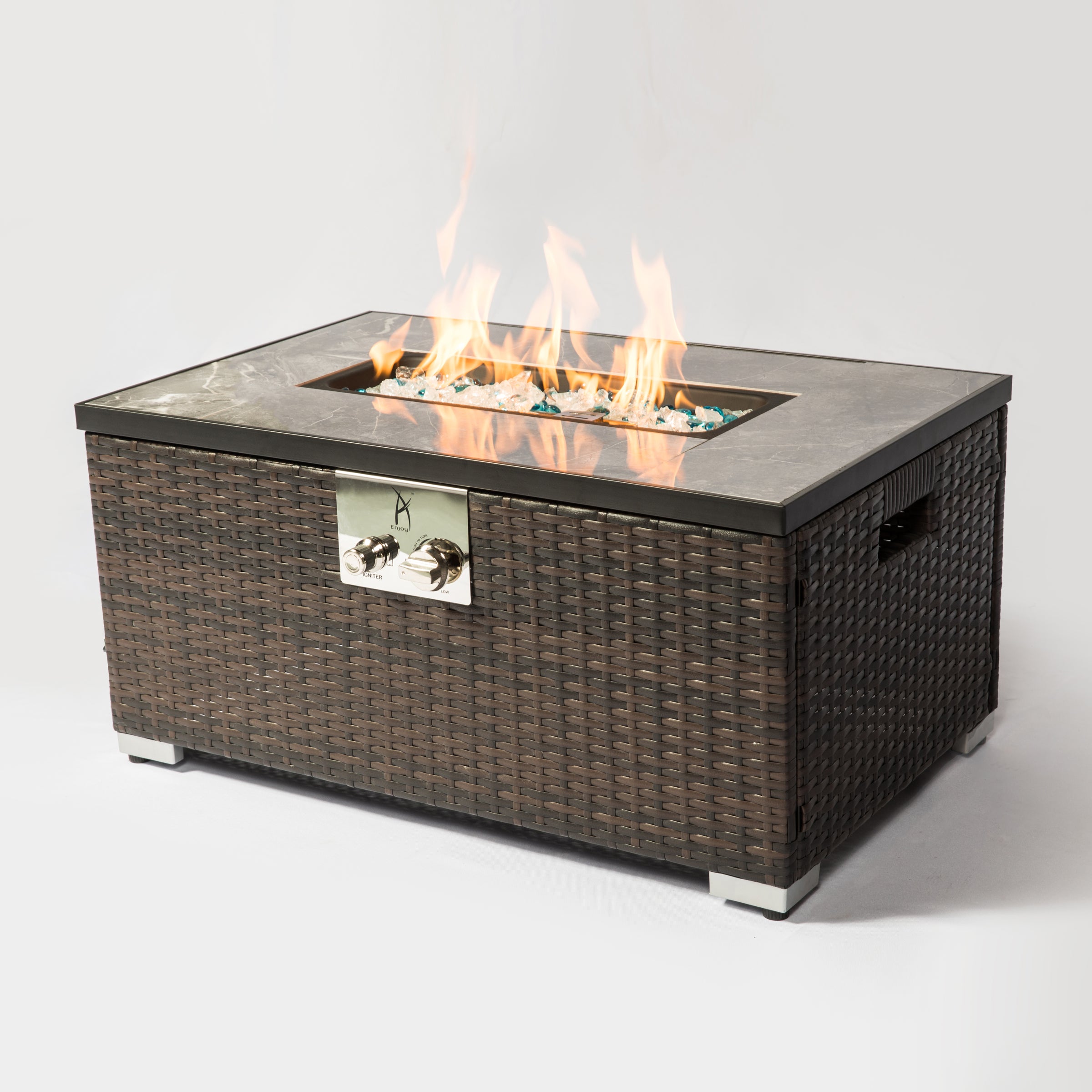 32inch Outdoor Fire Table Rectangle Gas Fire Pit with Glass Stones in Mixing Colors and Metal Cover-Boyel Living