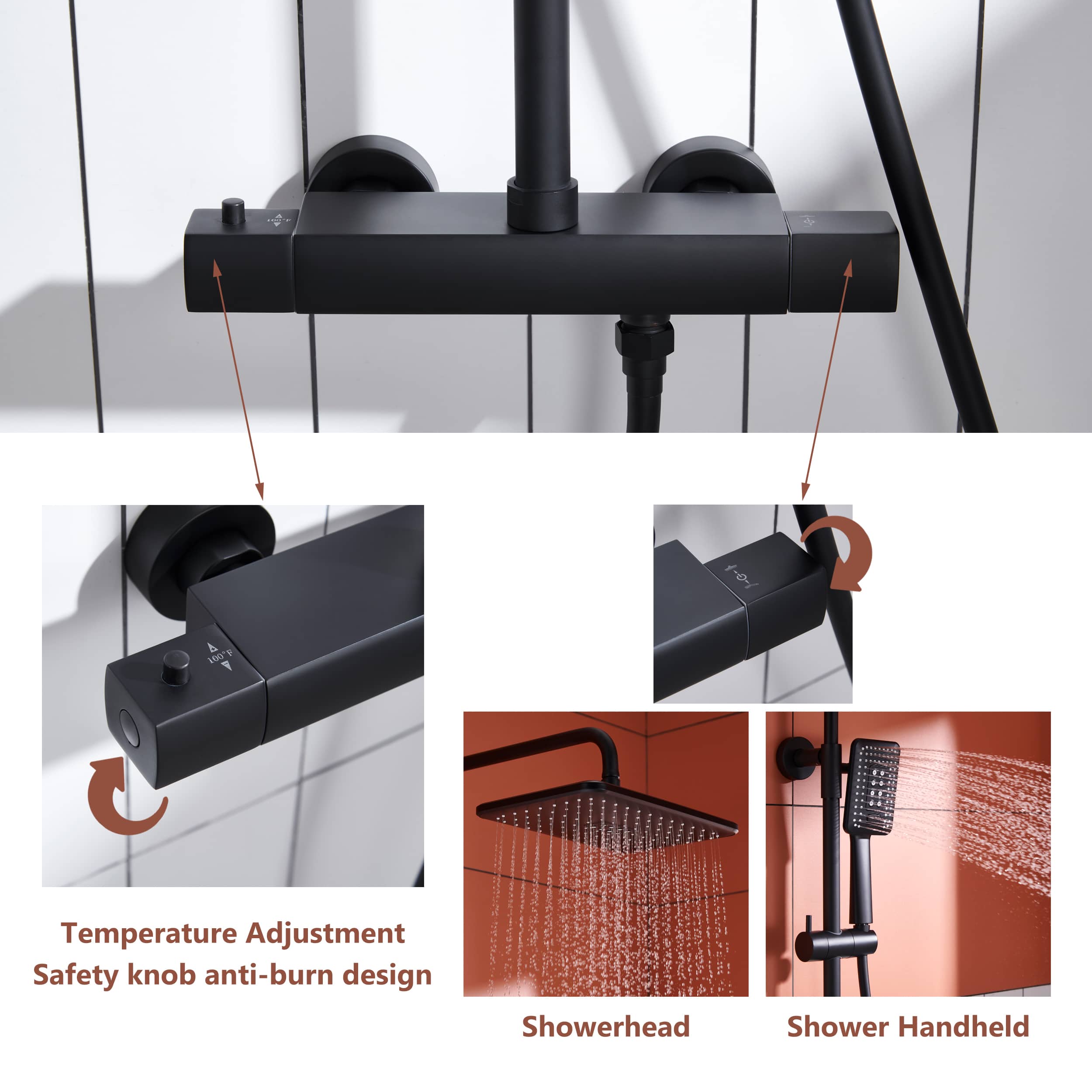 2 Function Wall Mount Rectangular Thermostatic Rain Shower System in Matte Black-Boyel Living