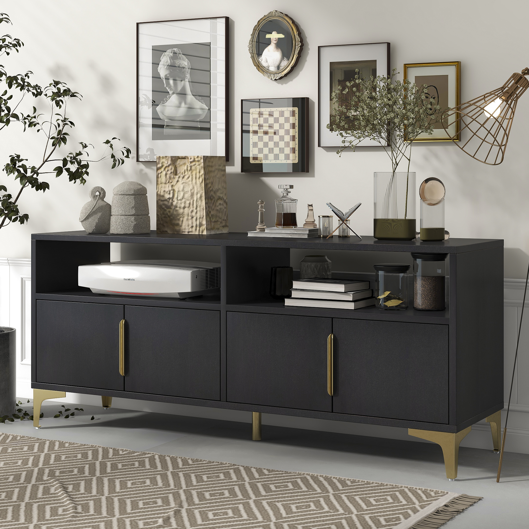 58&rdquo; L Sideboard with Gold Metal Legs and Handles Sufficient Storage Space Magnetic Suction Doors (Espresso)-Boyel Living