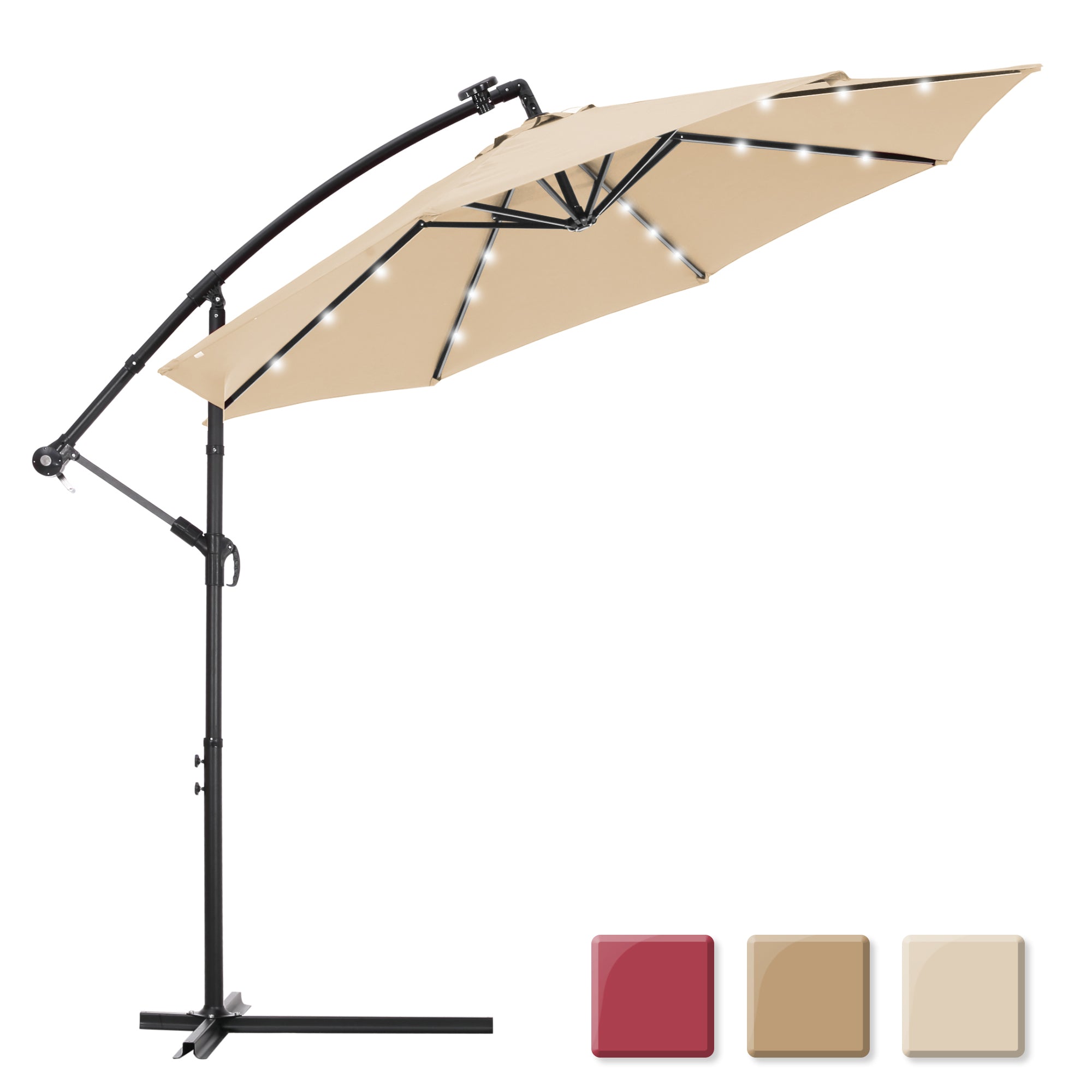 10 FT Solar LED Patio Outdoor Umbrella Hanging Cantilever Umbrella Offset Umbrella Easy Open Adustment with 24 LED Lights - tan-Boyel Living
