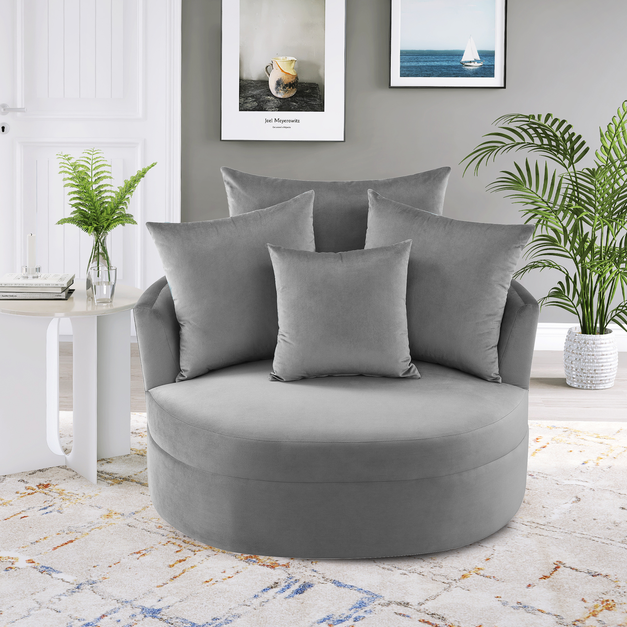 Orisfur. 360&deg; Swivel Barrel Chair with 4 Movable Pillows, Modern Velvet Leisure Chair Round Accent for Living Room-Boyel Living
