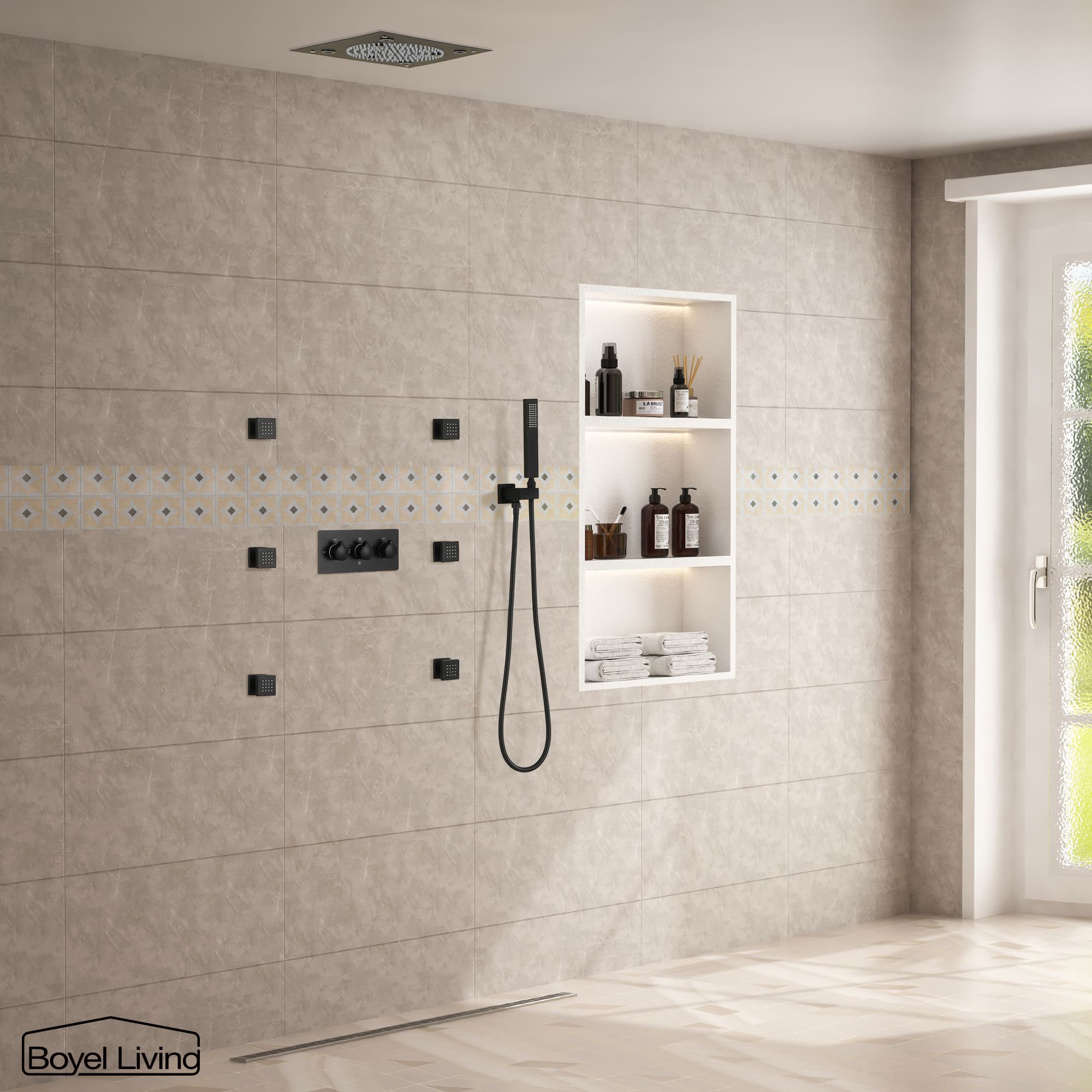 Boyel Living Luxury LED Ceiling Rainfall Shower Head System with Body Jets Bathroom Shower Faucet Complete Set, Flow Adjustable-Boyel Living