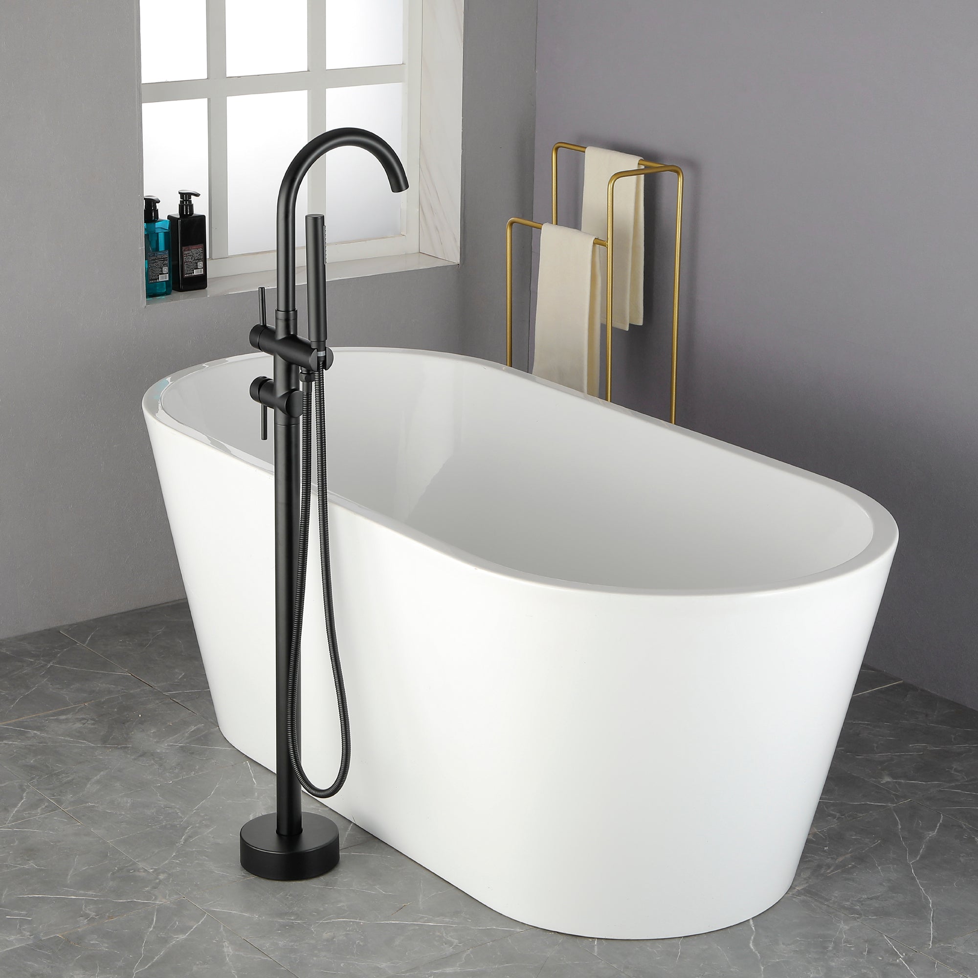 Boyel Living Freestanding Floor Mount 2-Handle Bath Tub Filler Faucet with Handheld Shower in Matte Black-Boyel Living