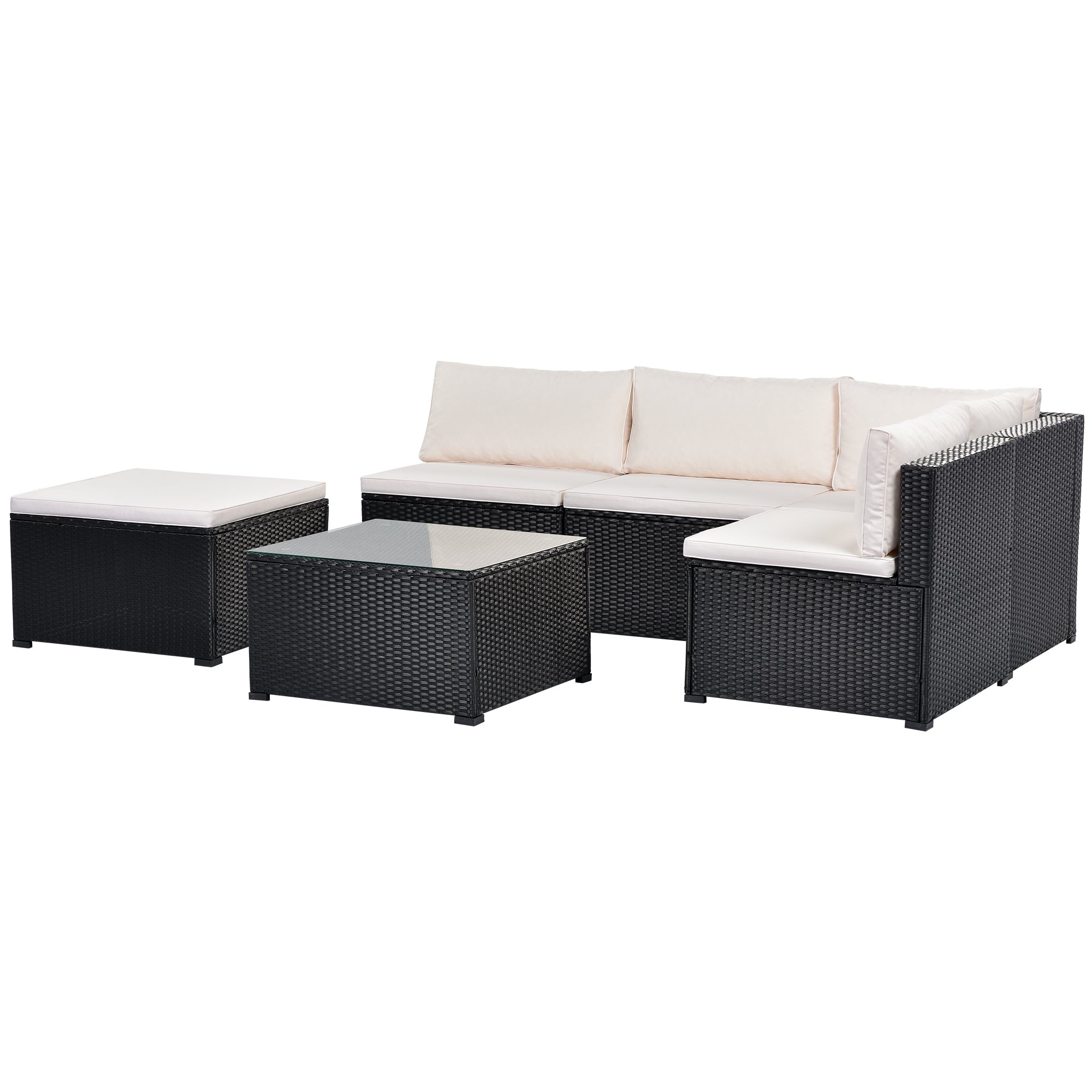 6-Piece Outdoor Furniture Set with PE Rattan Wicker, Patio Garden Sectional Sofa Chair, removable cushions (Black wicker, Beige cushion)-Boyel Living