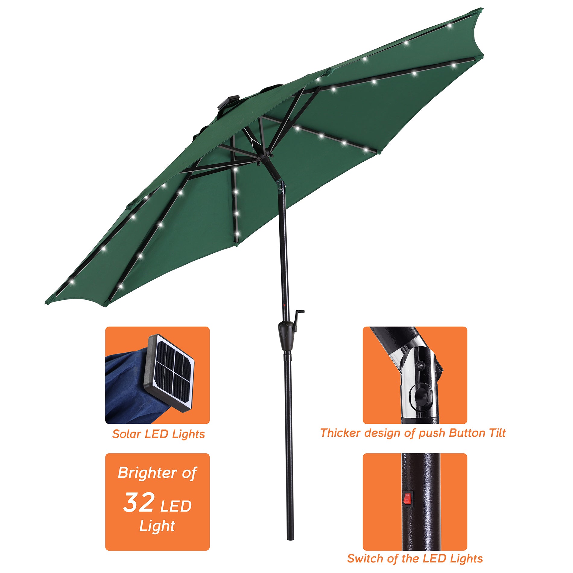 9Ft Patio Cast Aluminum Umbrella with 32 LED Solar Lights-Boyel Living
