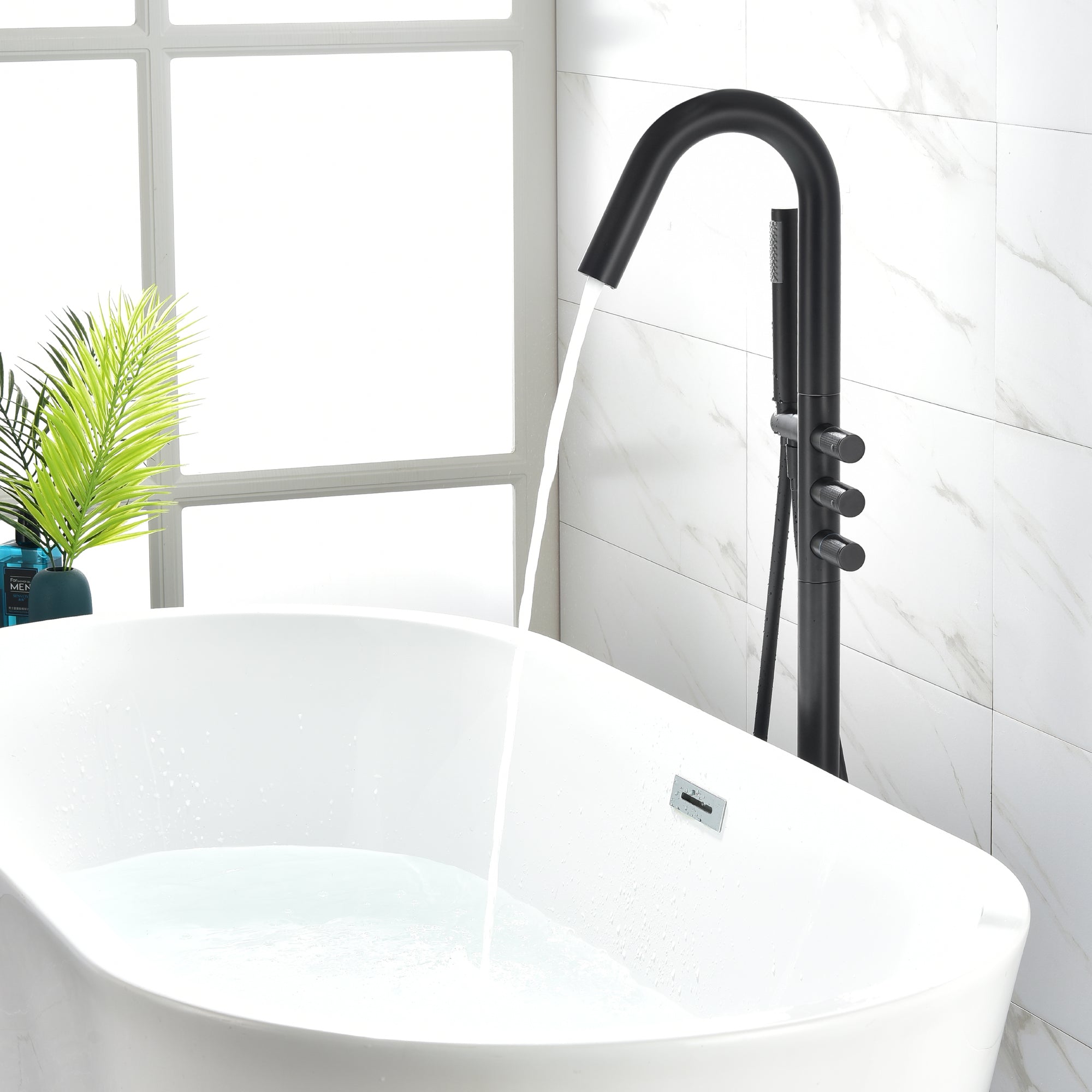 Boyel Living Freestanding Floor Mount 3-Handle Bath Tub Filler Faucet with Handheld Shower and Water Supply Lines in Matte Black-Boyel Living