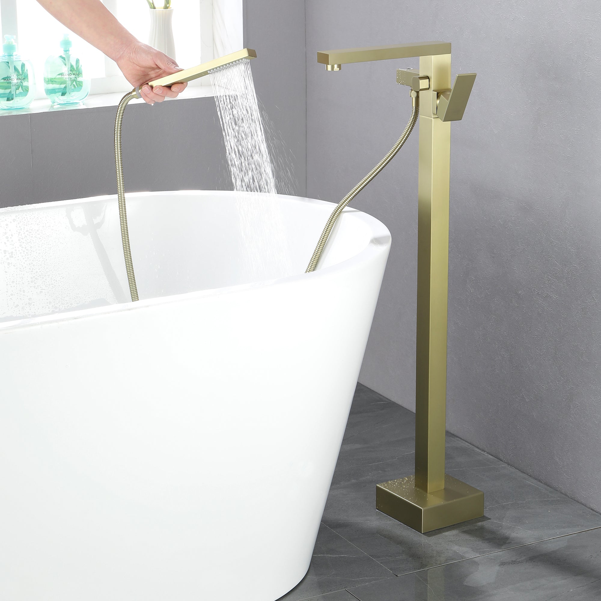  Freestanding Floor Mount Single Handle Bath Tub Filler Faucet with Handheld Shower in Brushed Gold-Boyel Living