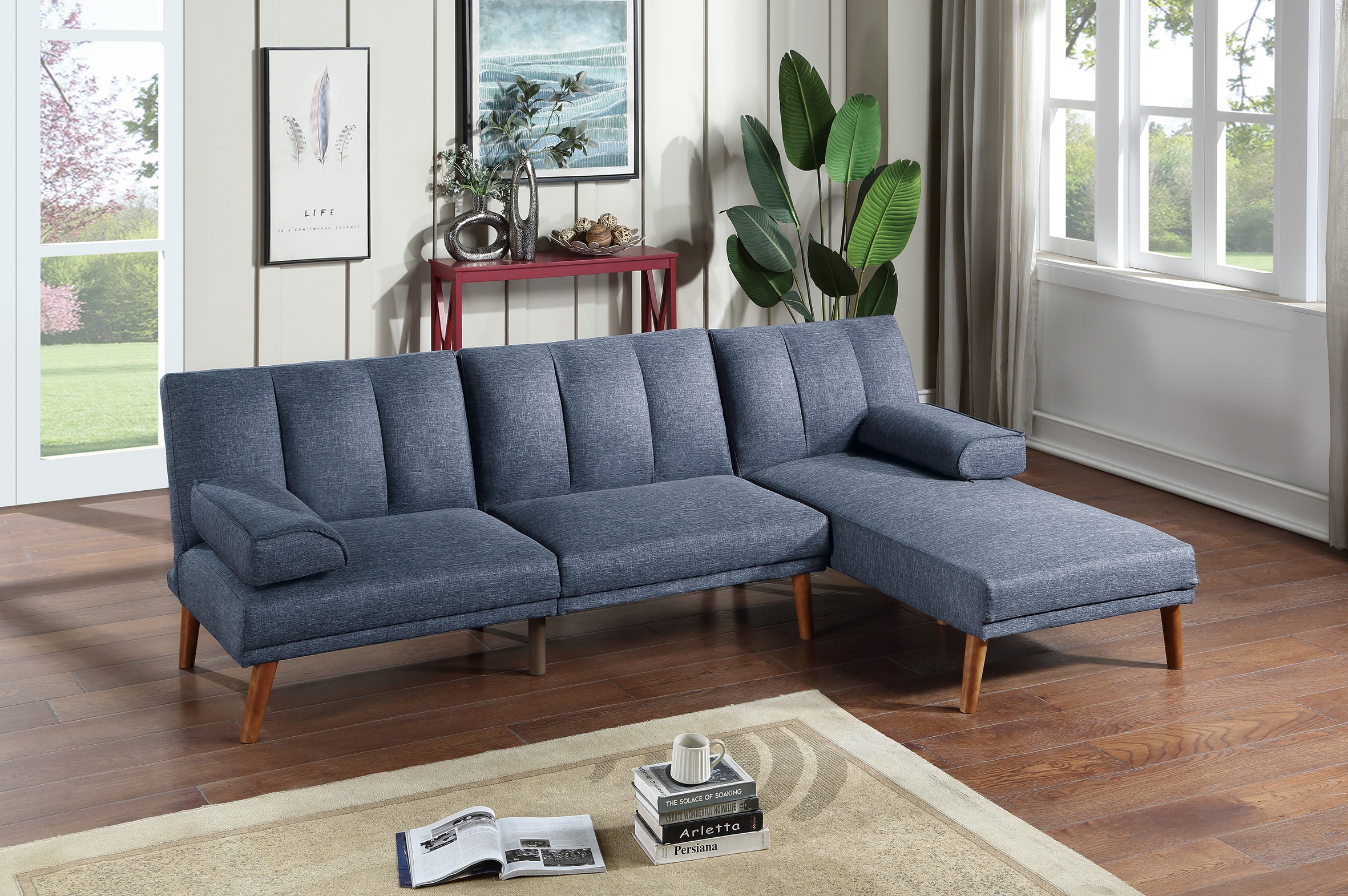 Navy Color Polyfiber Sectional Sofa Set Living Room Furniture Solid wood Legs Plush Couch Adjustable Sofa Chaise-Boyel Living