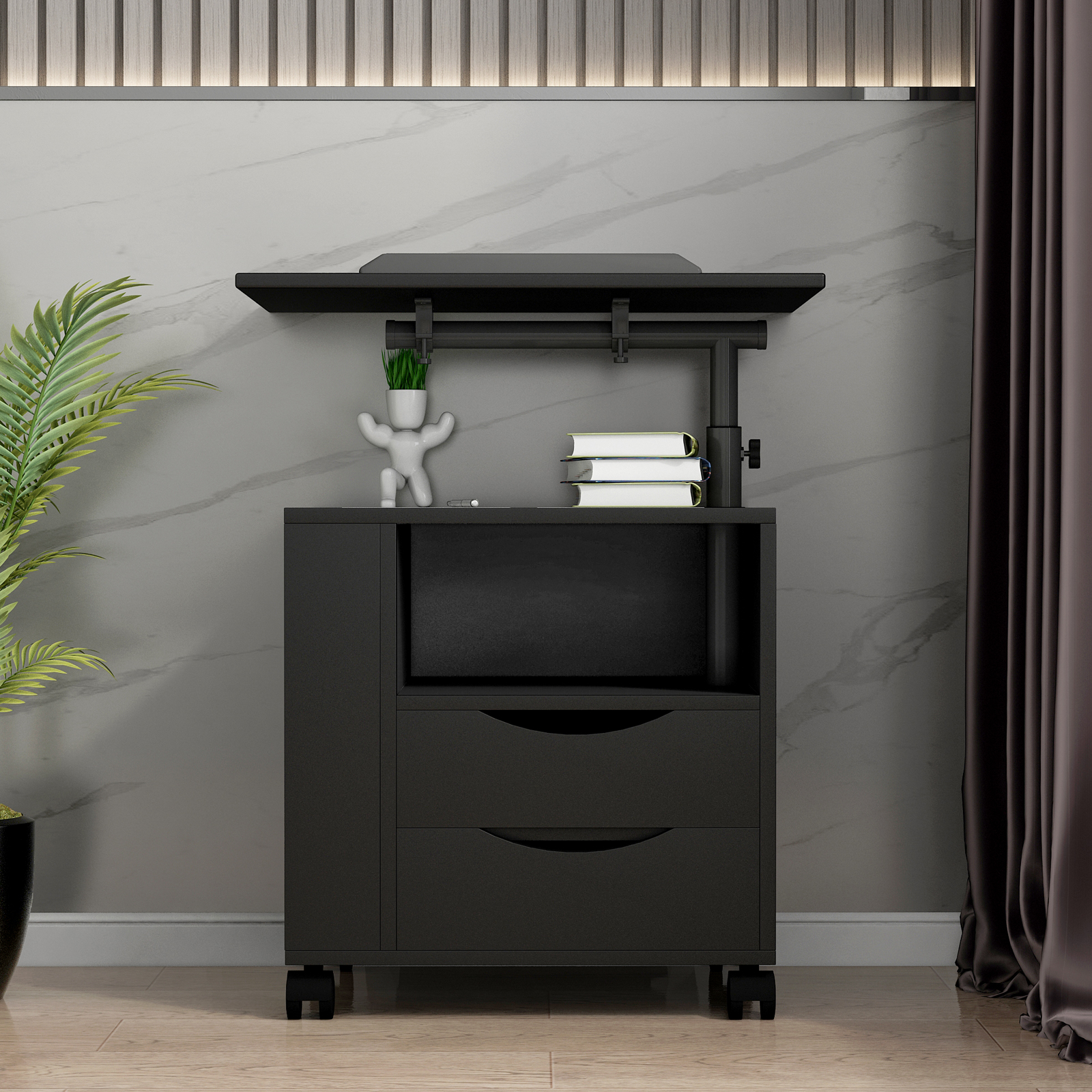 Height Adjustable Overbed End Table Wooden Nightstand with Swivel Top, Drawers, Wheels and Open Shelf,  Black-Boyel Living