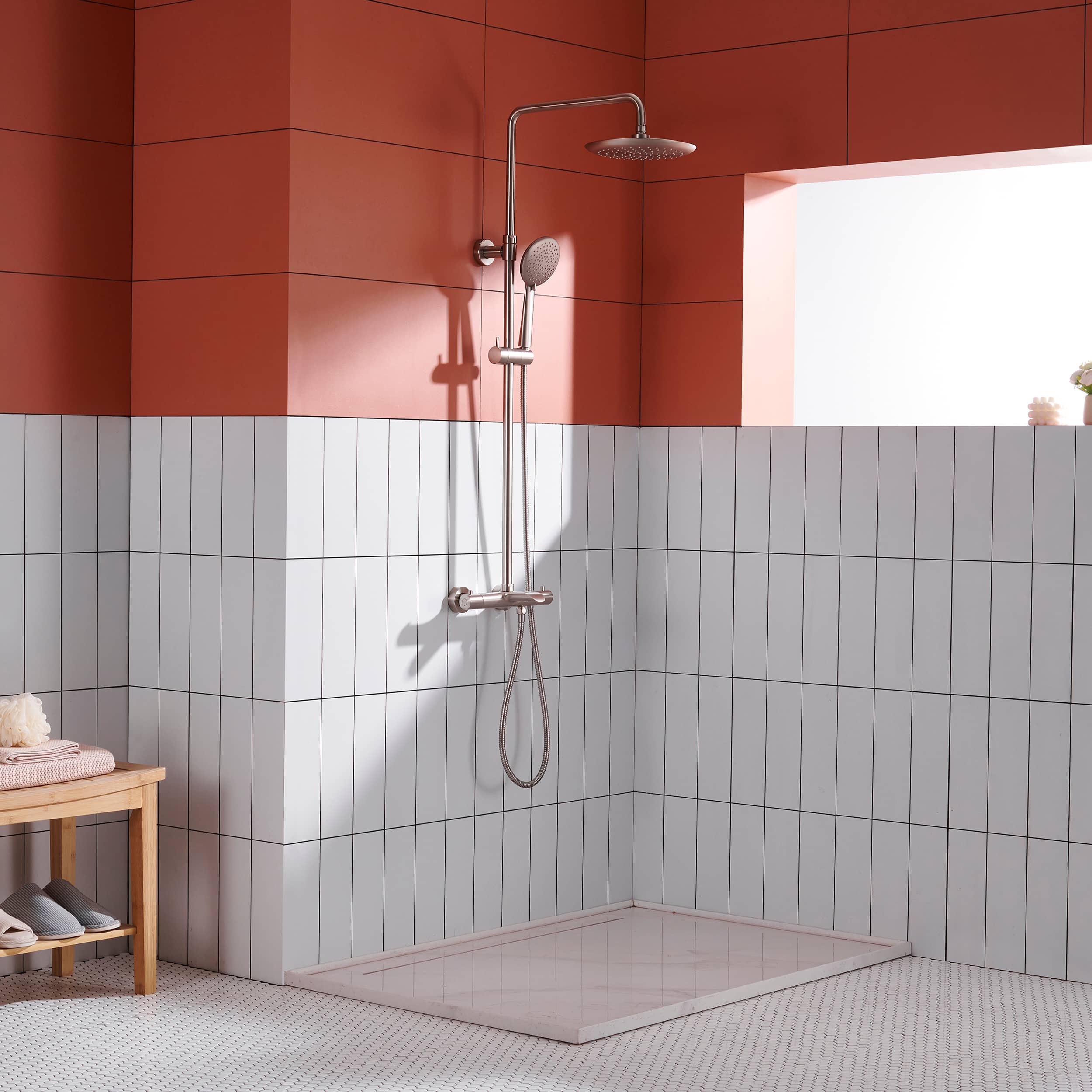 3 Function Wall Mount Round Thermostatic Rain Shower System with Tub Spout in Brushed Nickel-Boyel Living