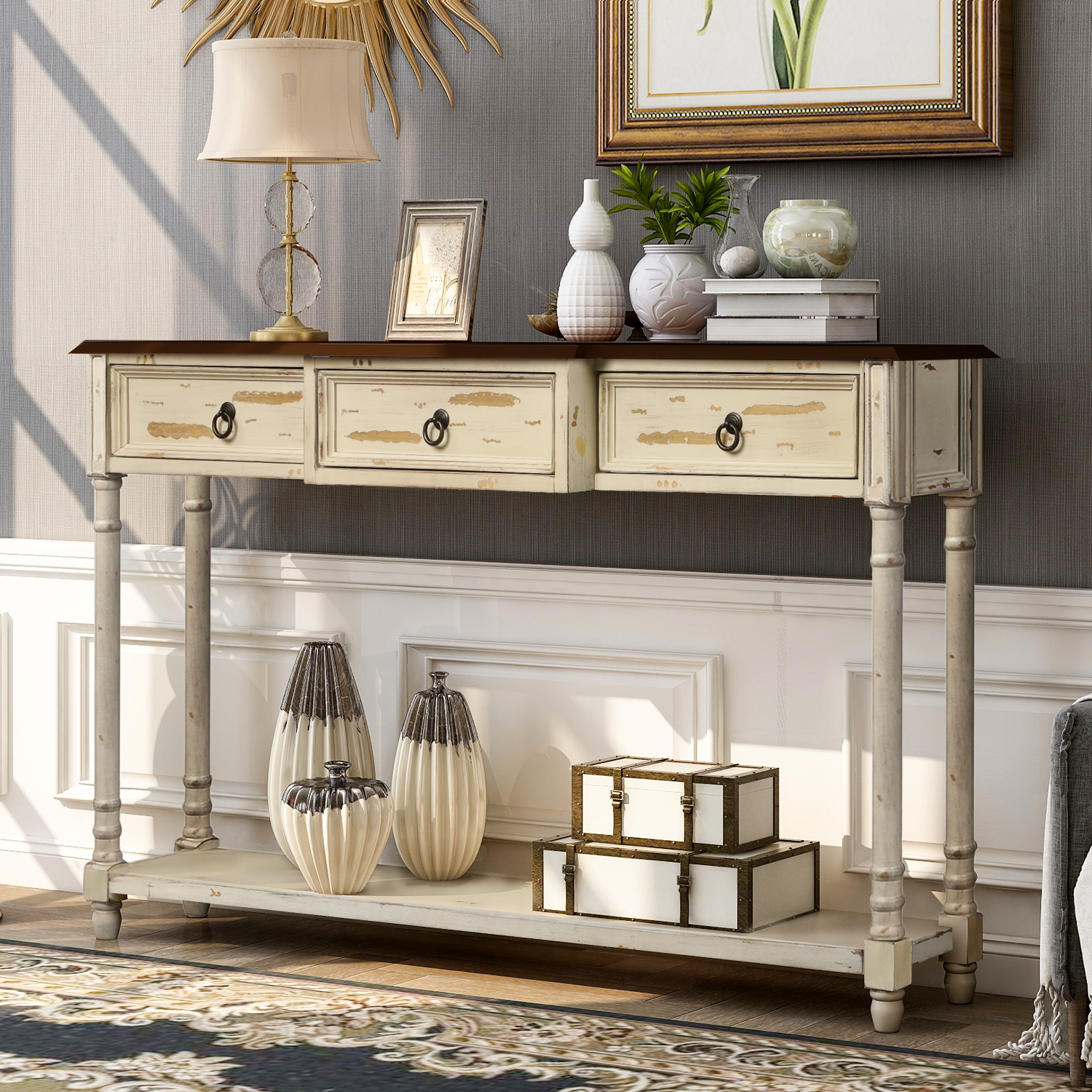 Console Table Sofa Table with Drawers for Entryway with Projecting Drawers and Long Shelf (Beige)-Boyel Living