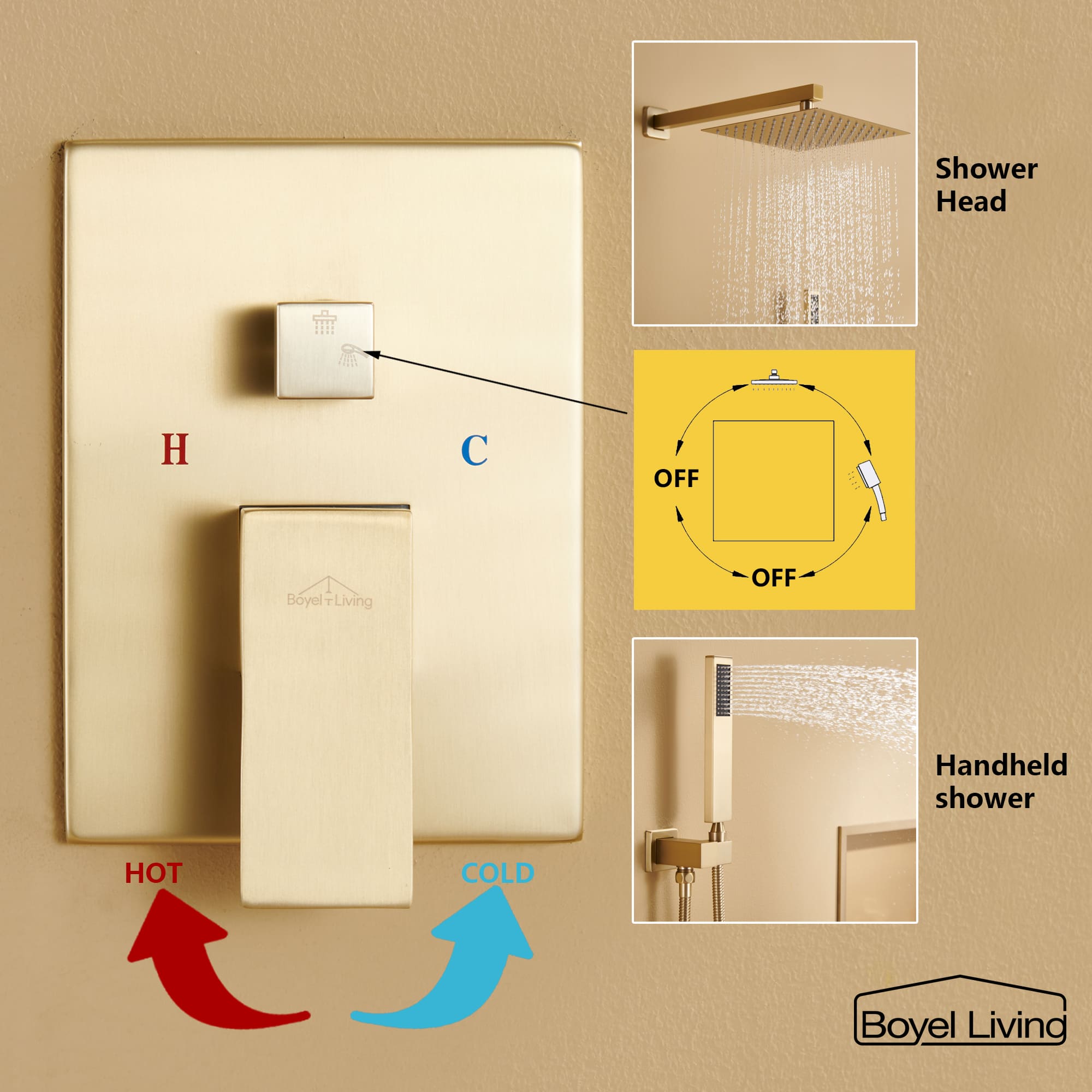 Boyel Living 10 in. Wall Mount High Pressure Shower System with Slide Bar and Handheld Shower in Brushed Gold-Boyel Living