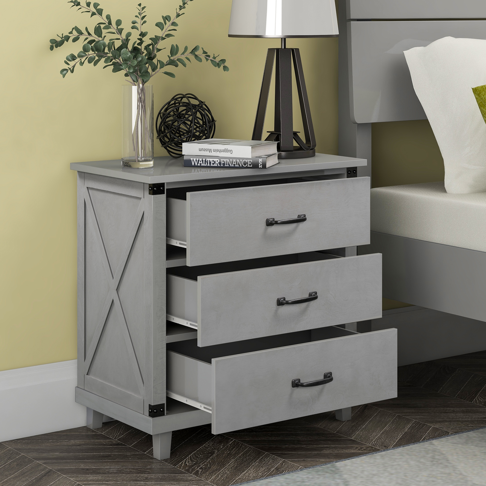 Modern Bedroom Nightstand with 3 Drawers Storage , Gray-Boyel Living